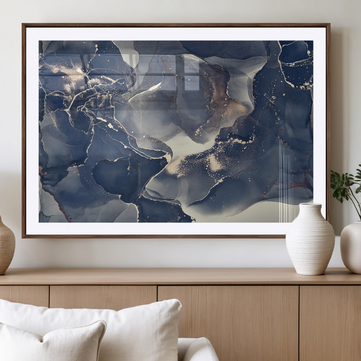 28282-MGV-CV-36X24-Blue Abstract Wall Art – Modern Ink Swirl Canvas Print, Contemporary Navy and Gold Painting for Living Room, Bedroom, Office or