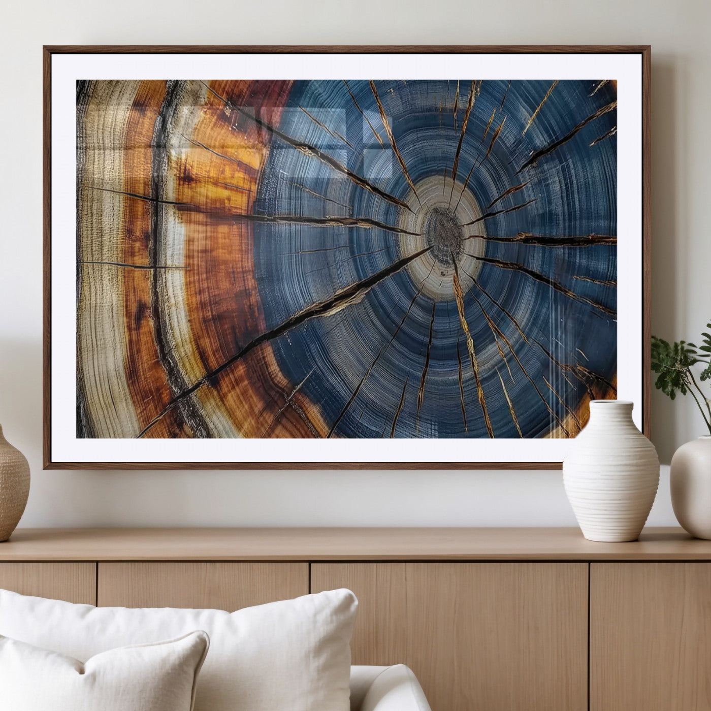 10583-MGV-CV-36X24-Tree Ring Wall Art – Abstract Wood Grain Canvas Print with Blue and Brown Tones, Nature Inspired Rustic Artwork for Living Room,