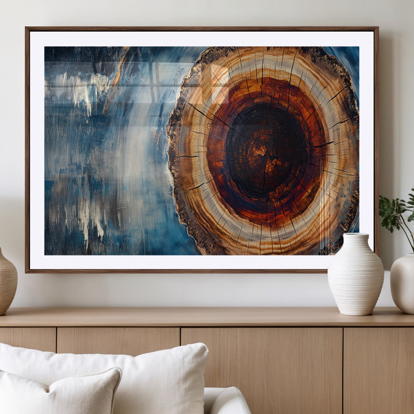 48045-MGV-CV-36X24-Tree Ring Abstract Wall Art – Rustic Wood Grain Canvas Print with Brown Center and Blue Brush Strokes, Nature Inspired Artwork for
