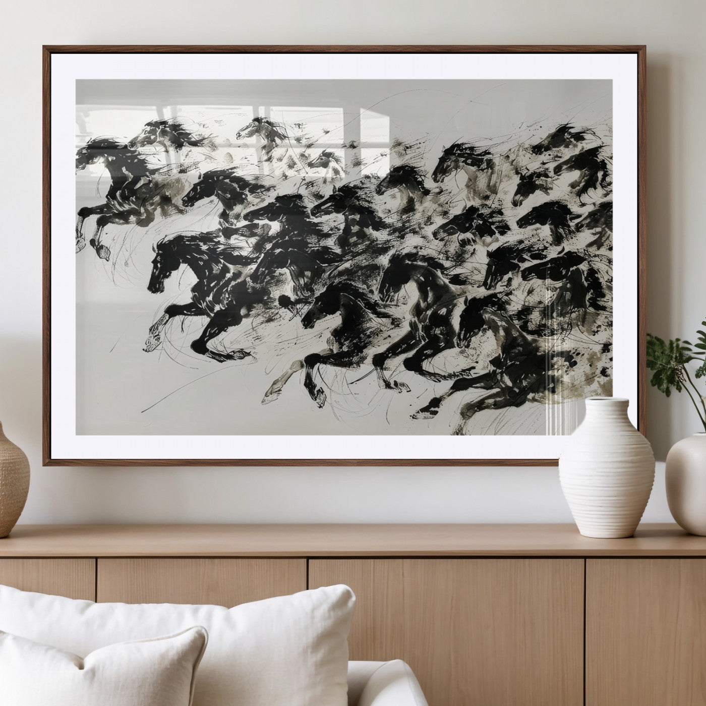 23069-MGV-CV-36X24-Galloping Horses Wall Art – Black Ink Painting on Canvas, Dynamic Equestrian Artwork with Running Stallions, Expressive Modern