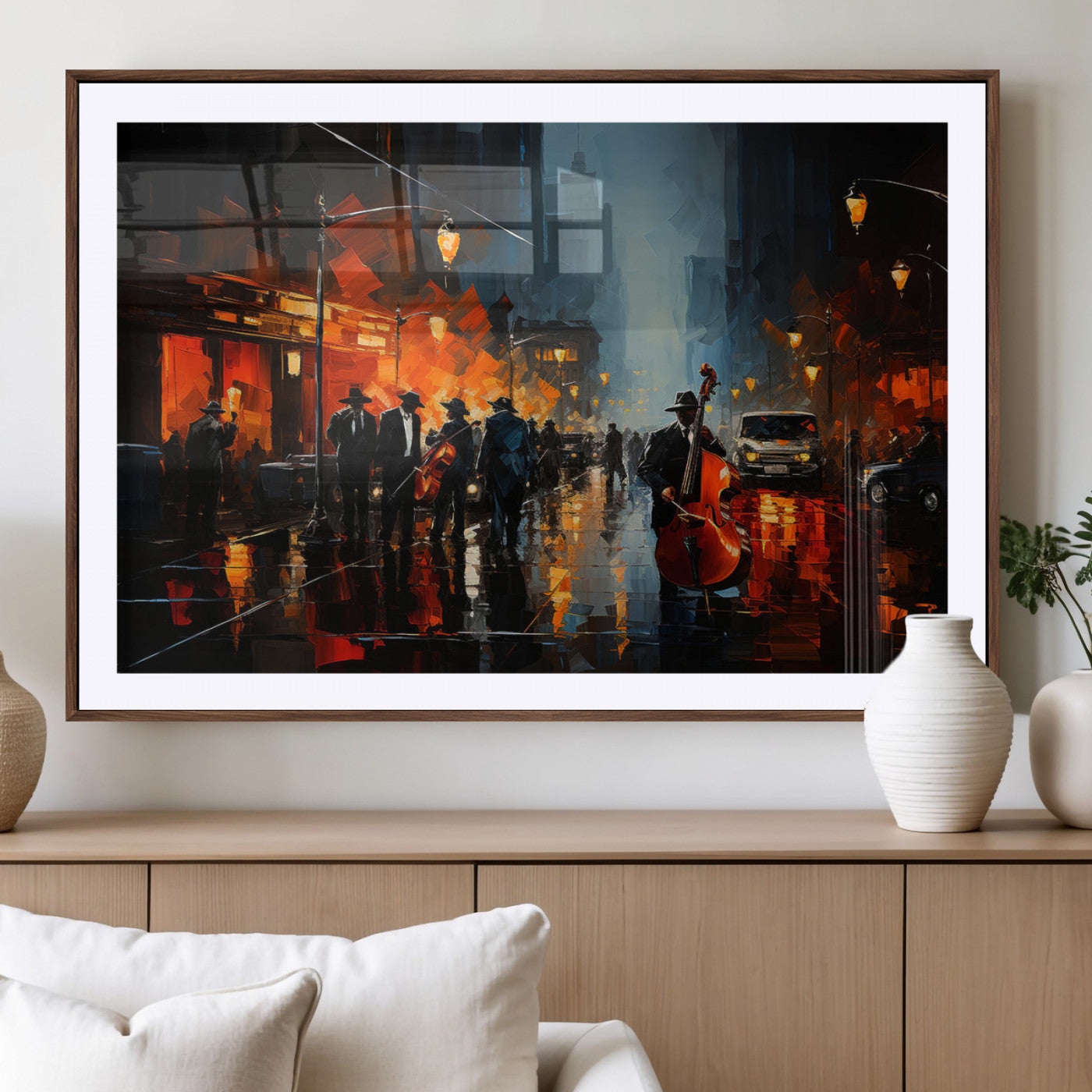 32816-MGV-CV-36X24-City Jazz Night Wall Art – Modern Abstract Urban Street Scene Canvas Print, Moody Music-Themed Decor for Living Room, Office, or