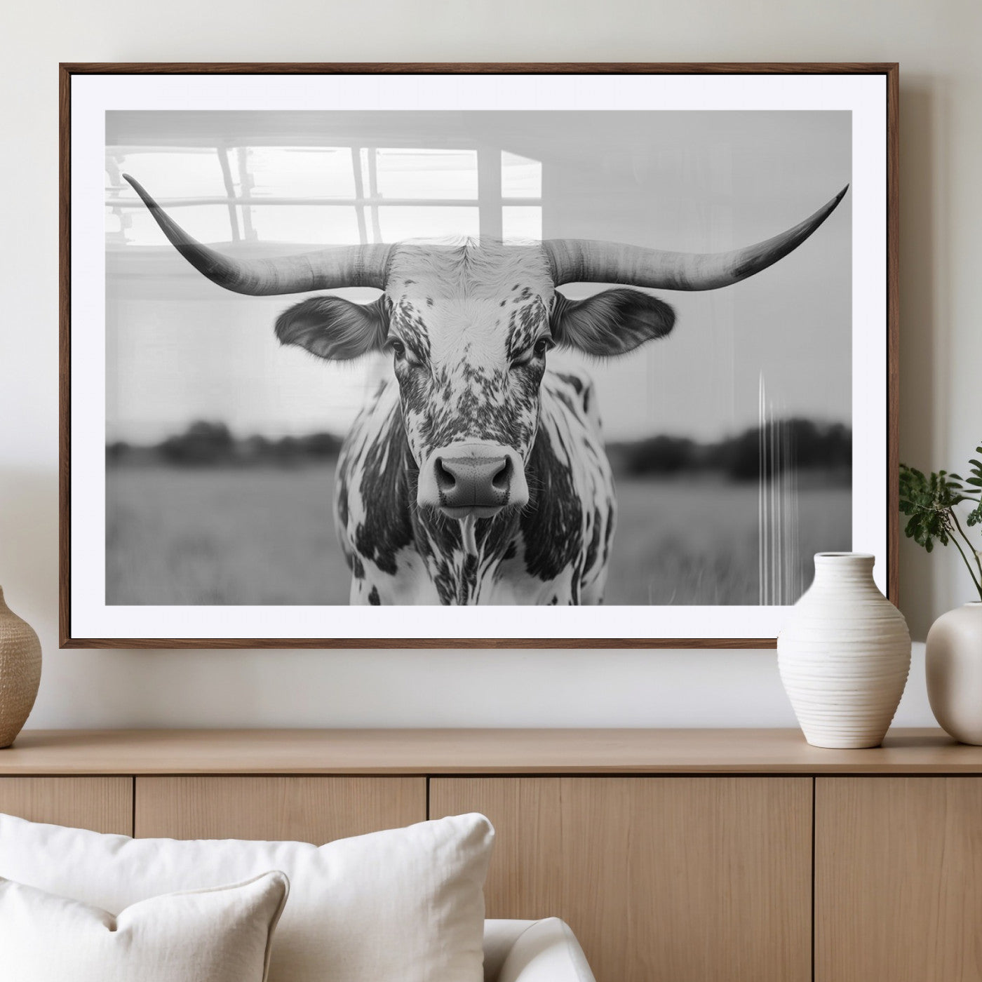 20272-MGV-CV-36X24-Highland Cow Wall Art – Black and White Western Longhorn Canvas Print, Farmhouse Living Room Decor Southwestern Animal Artwork for