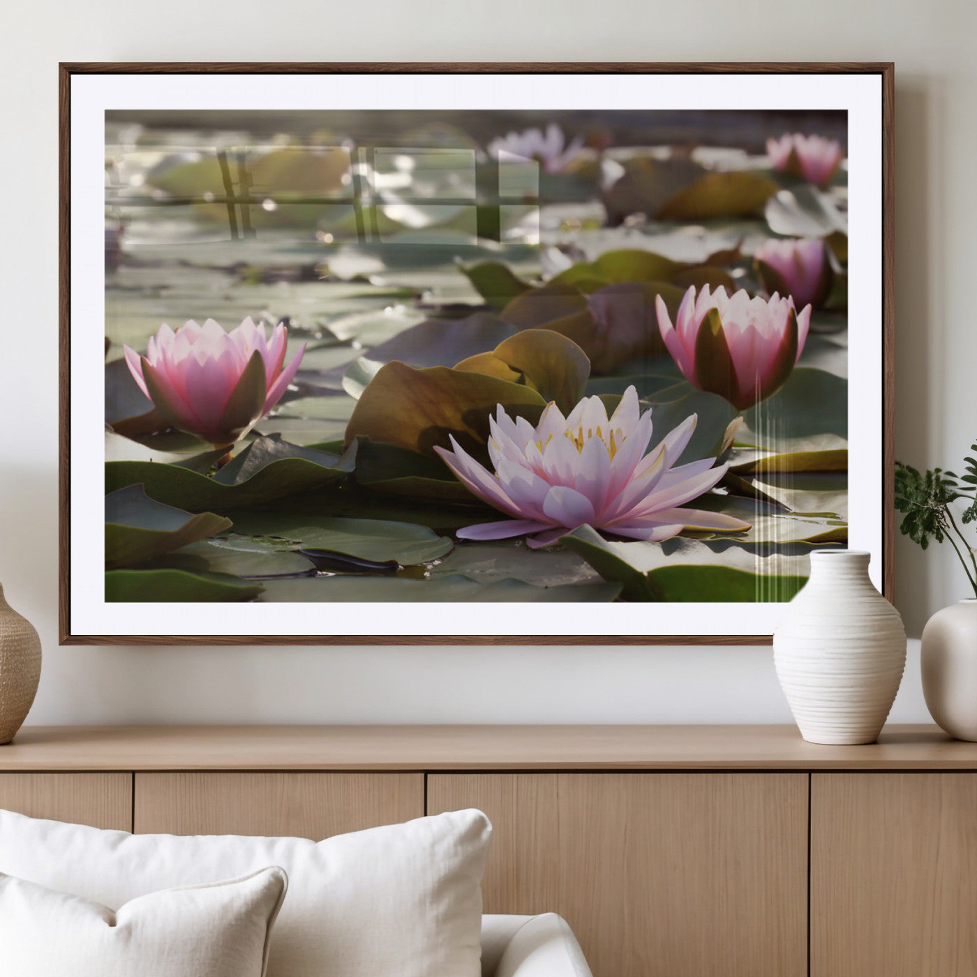 72218-MGV-CV-36X24-Water Lily Pond Wall Art – Pink Lotus Flowers Canvas Print with Green Lily Pads, Peaceful Botanical Artwork for Living Room,