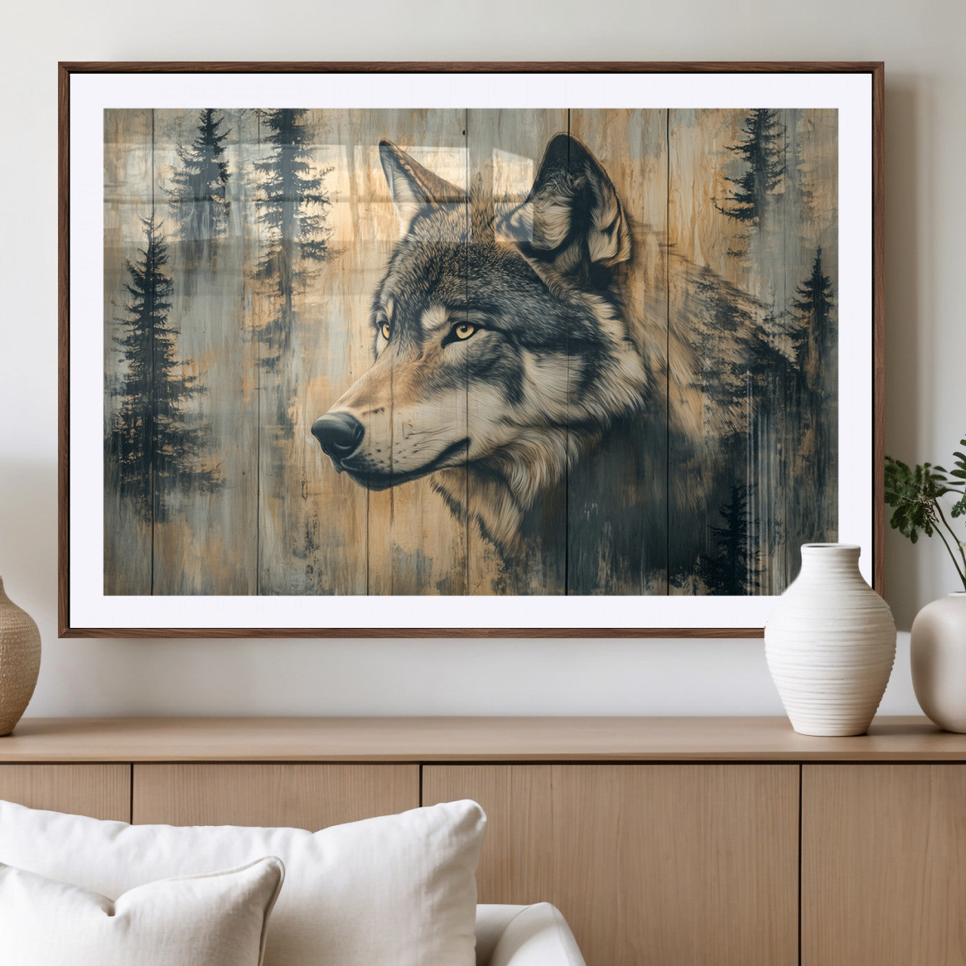 51892-MGV-CV-36X24-Wolf Wall Art – Rustic Canvas Print of Wolf with Forest Trees on Wood Texture, Wildlife Lodge Artwork for Living Room, Bedroom,