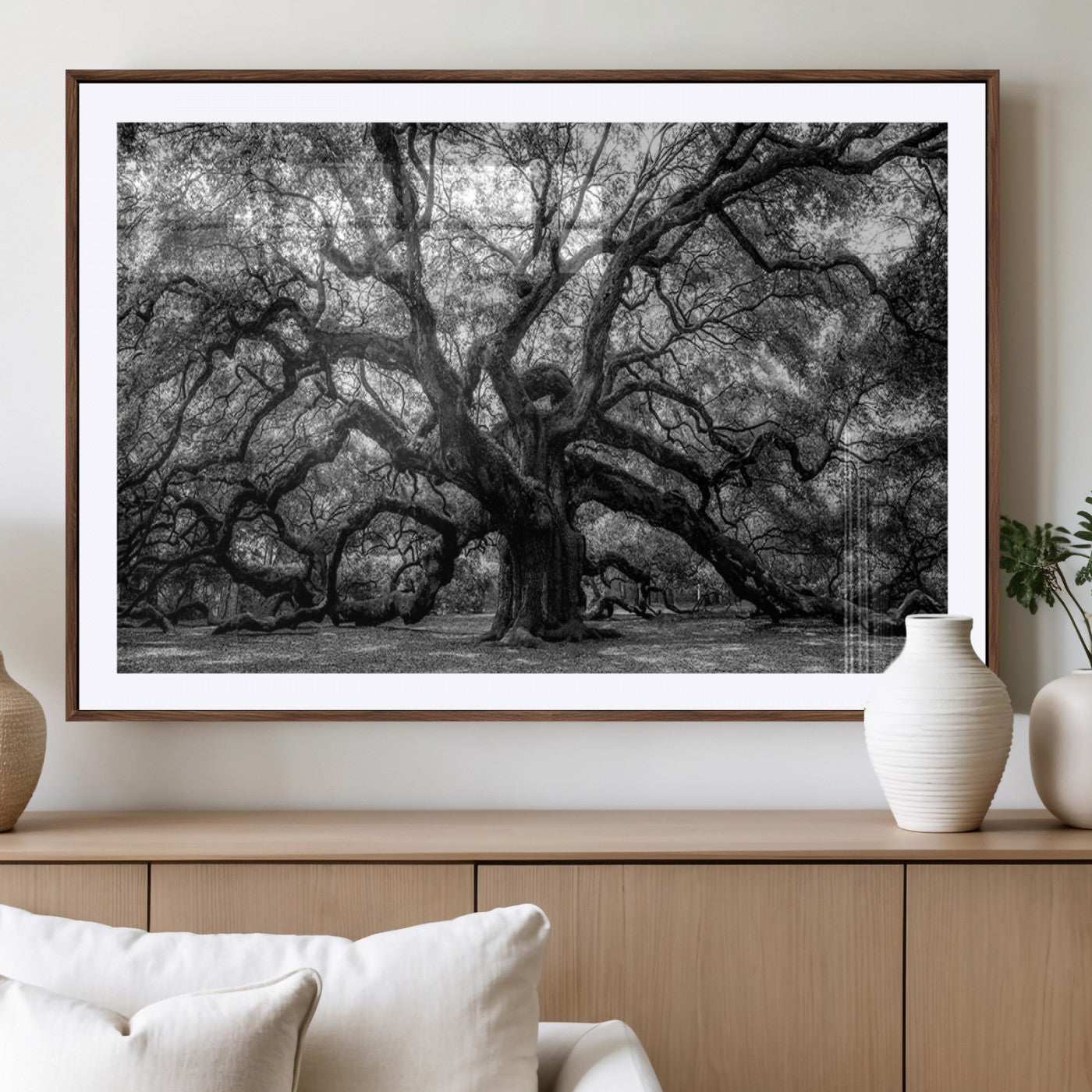 132944706-MGV-CV-36X24-Ancient Tree Wall Art – Black and White Photography Canvas Print Featuring Majestic Twisting Branches, Rustic Nature Artwork for