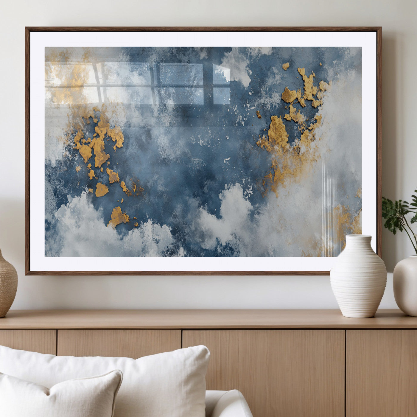 39575-MGV-CV-36X24-Blue and Gold Abstract Wall Art – Modern Canvas Print Featuring Cloudy Textures with Metallic Accents, Contemporary Artwork for
