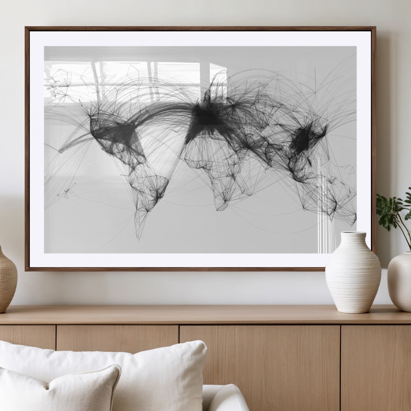 Black-Flight-Routes-MGV-CV-36X24-Abstract World Map Wall Art – Modern Black Line Network Style Canvas Print, Contemporary Global Artwork for Living Room, Bedroom,