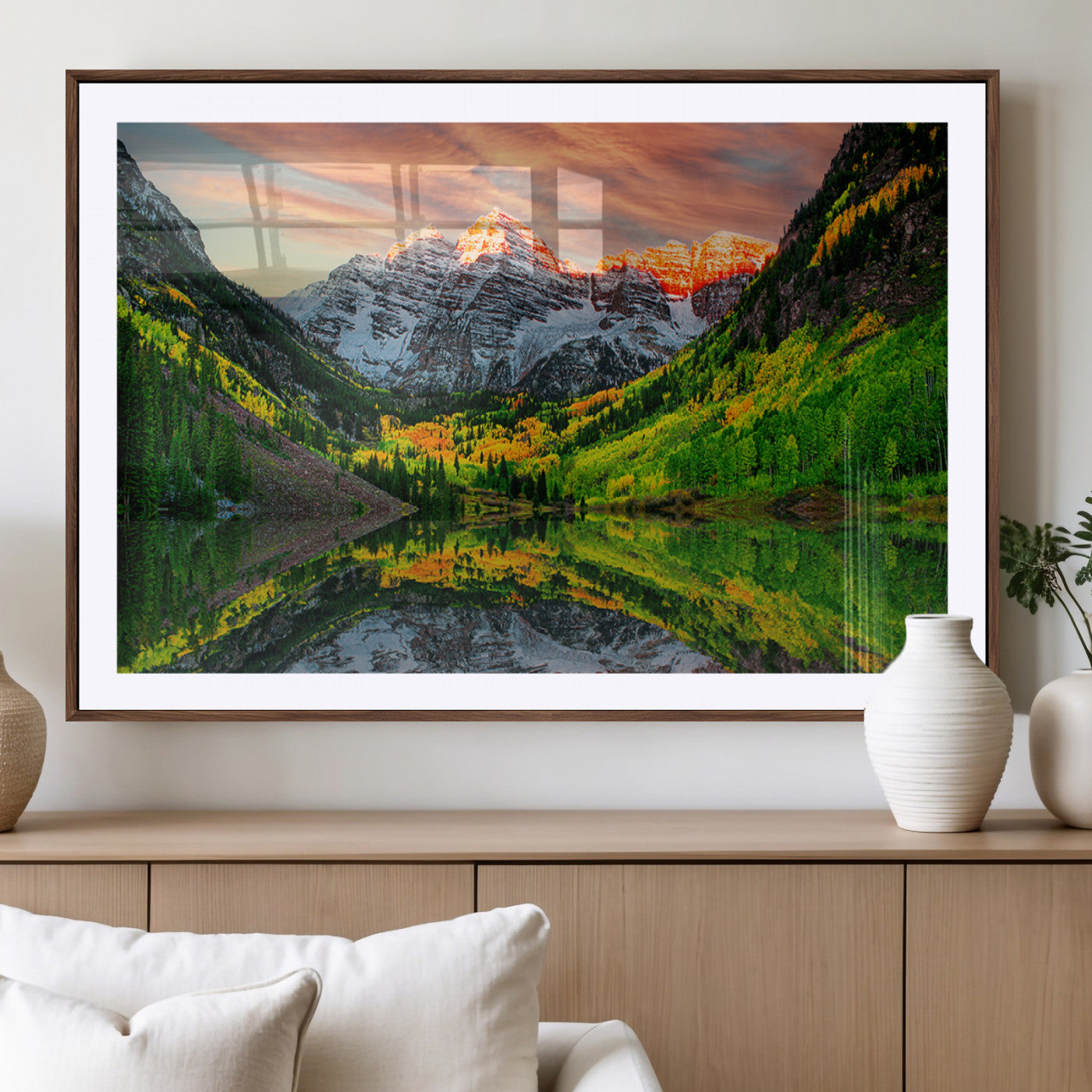 59533484-MGV-CV-36X24-Maroon Bells Autumn Wall Art – Panoramic Mountain Landscape Canvas Print, Sunset Reflection Nature Artwork for Living Room, Office