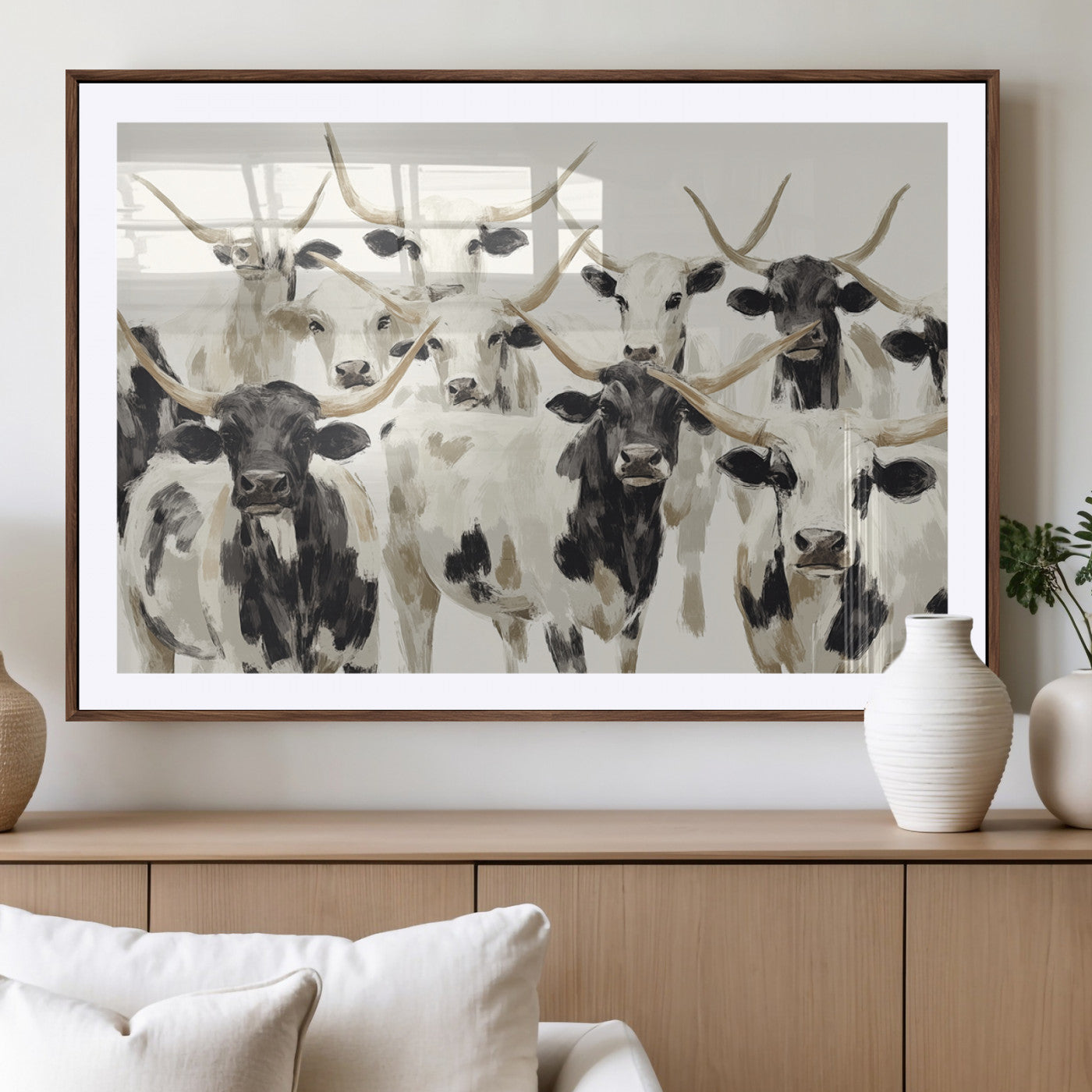 52947970-MGV-CV-36X24-Texas Longhorn Wall Art Canvas Print, Framed Cattle Herd Art Picture Print, Herd Portrait Perfect Modern Farmhouse Decor Artwork