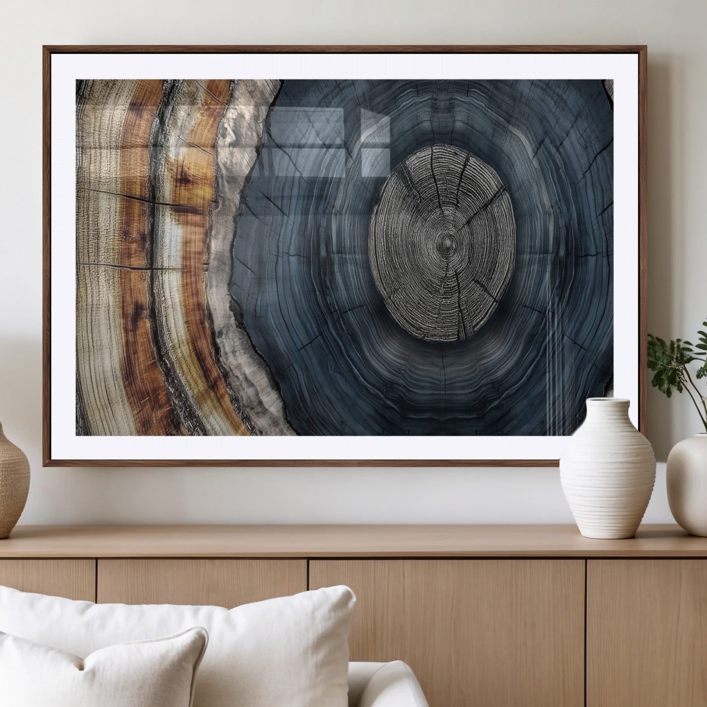 91368647-MGV-CV-36X24-Smoky Blue Tree Ring Wall Art – Rustic Wood Cross Section Canvas Print, Modern Nature Inspired Decor for Living Room, Office, or