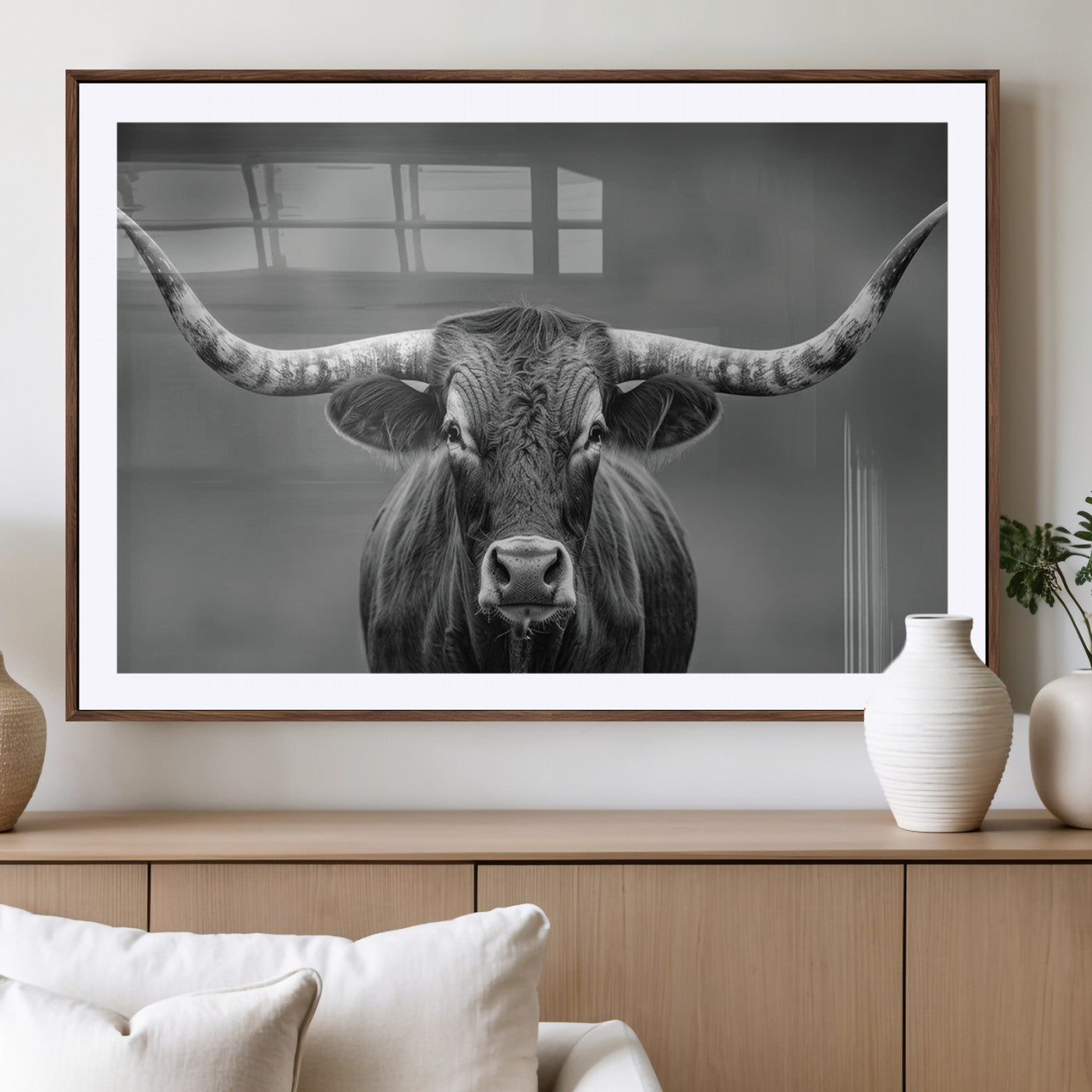 81228550-MGV-CV-36X24-Framed Texas Longhorn Bull Art Canvas Print, Western Bull Wall Art Print, Long Horn Bull Photo Print for Log Cabin, Large Bull