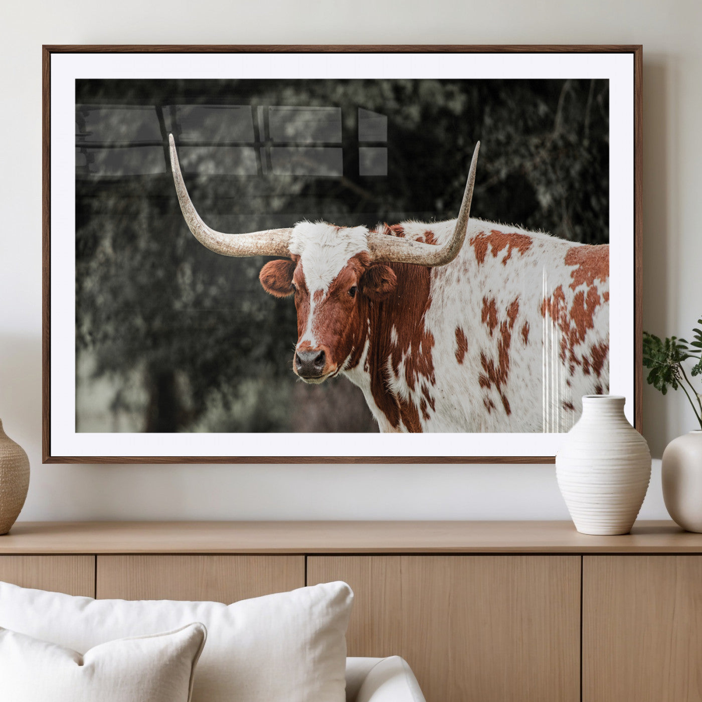 54027638-MGV-CV-36X24-Texas Longhorn Wall Art Canvas Print, Framed Spotted Cow Art Picture Print, Horned Bull Perfect Rustic Western Decor Artwork