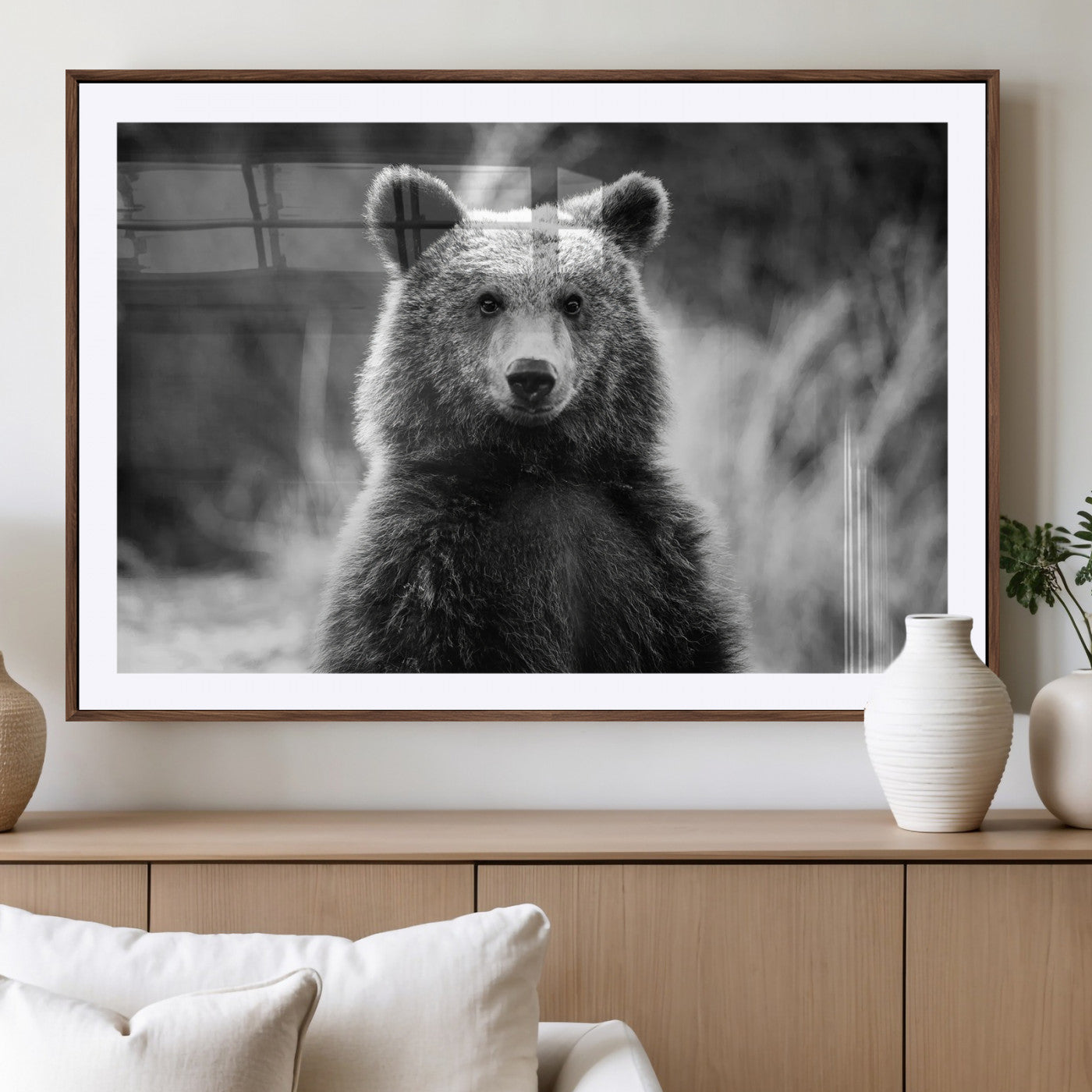 MGC-FP-36x24 - Grizzly Bear Wall Art Canvas Print, Framed Black White Bear Art Picture Print, Wild Bear Perfect Rustic Wildlife Decor Artwork