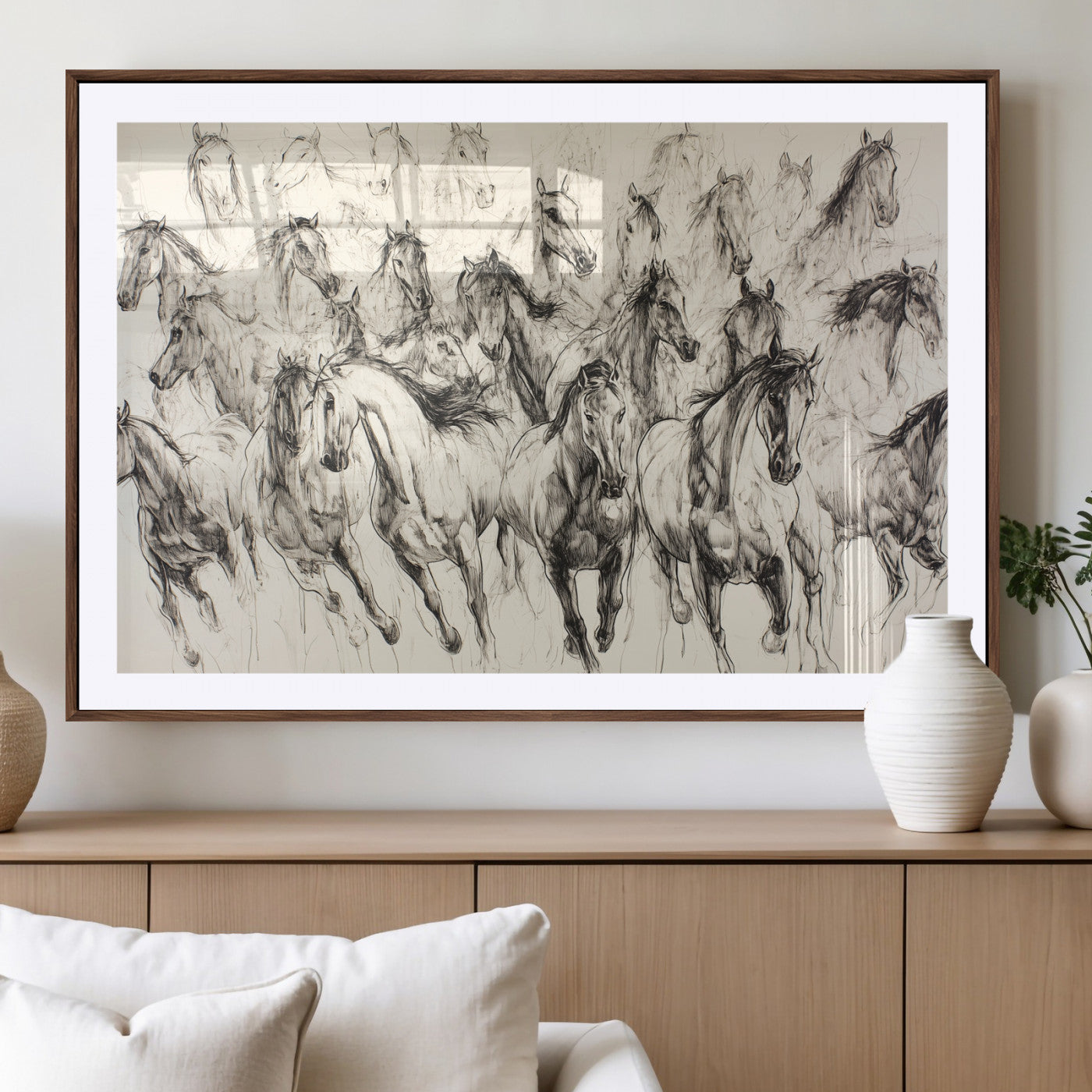 19433417-MGV-CV-36X24-Running Horses Wall Art Canvas Print, Framed Horse Sketch Art Picture Print, Galloping Herd Perfect Monochrome Western Decor