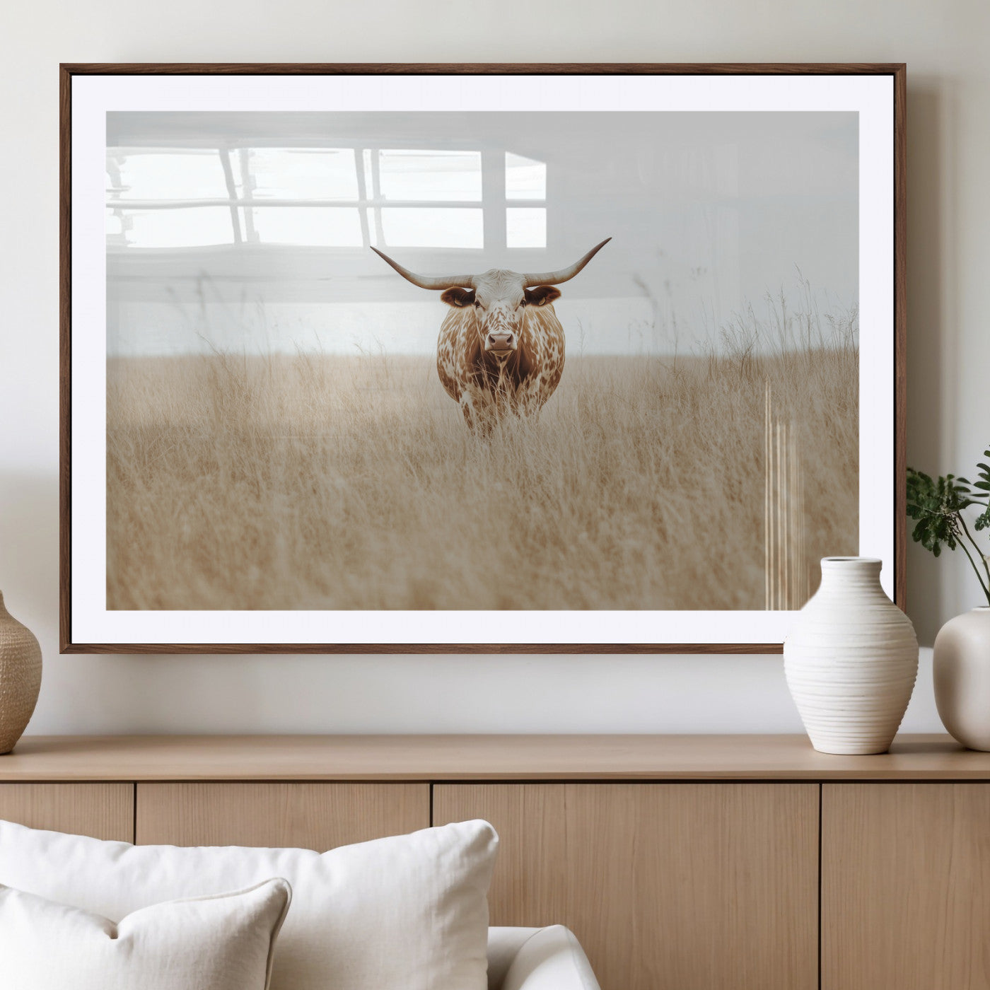 20927060-MGC-FP-36x24_Walnut-Texas Longhorn Wall Art Canvas Print, Framed Lone Cattle Art Picture Print, Longhorn Bull Perfect Rustic Western Decor Artwork