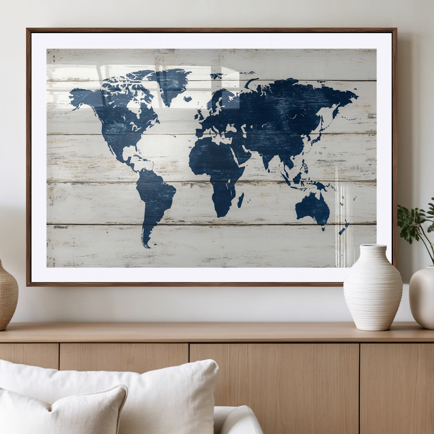 42865106-MGV-CV-36X24-World Map Wall Art Canvas Print, Framed Wooden Map Art Picture Print, Dark Blue Continents Perfect Vintage Decor Artwork