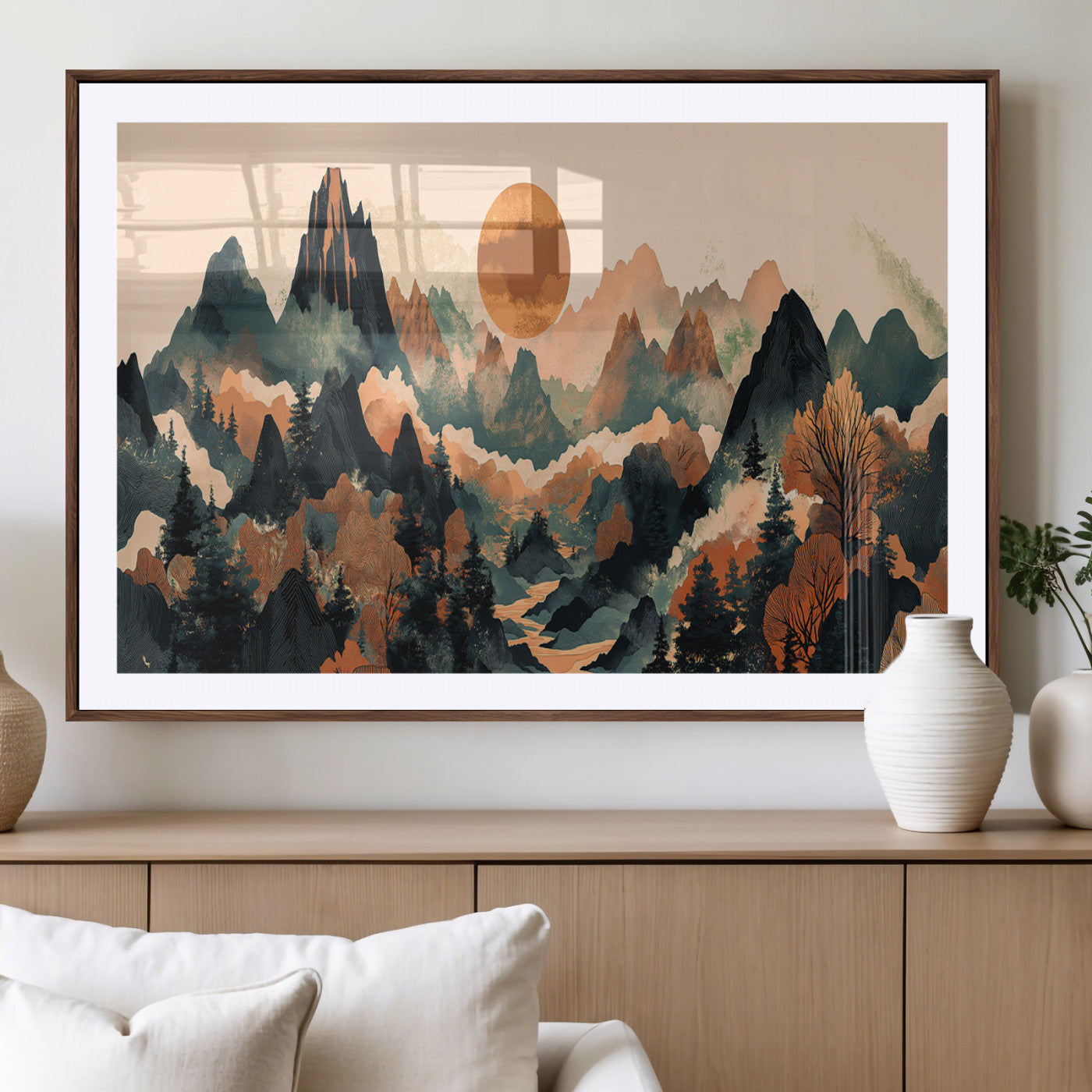 13012770-MGV-CV-36X24-Mountain Landscape Wall Art – Modern Nature Canvas Print with Sun, Misty Peaks, and Forest in Orange and Green Tones for Living