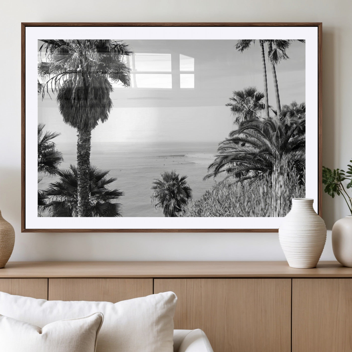 89458520-MGV-CV-36X24-Palm Trees Wall Art Canvas Print, Framed Coastal View Art Picture Print, Ocean Horizon Perfect Monochrome Coast Decor Artwork