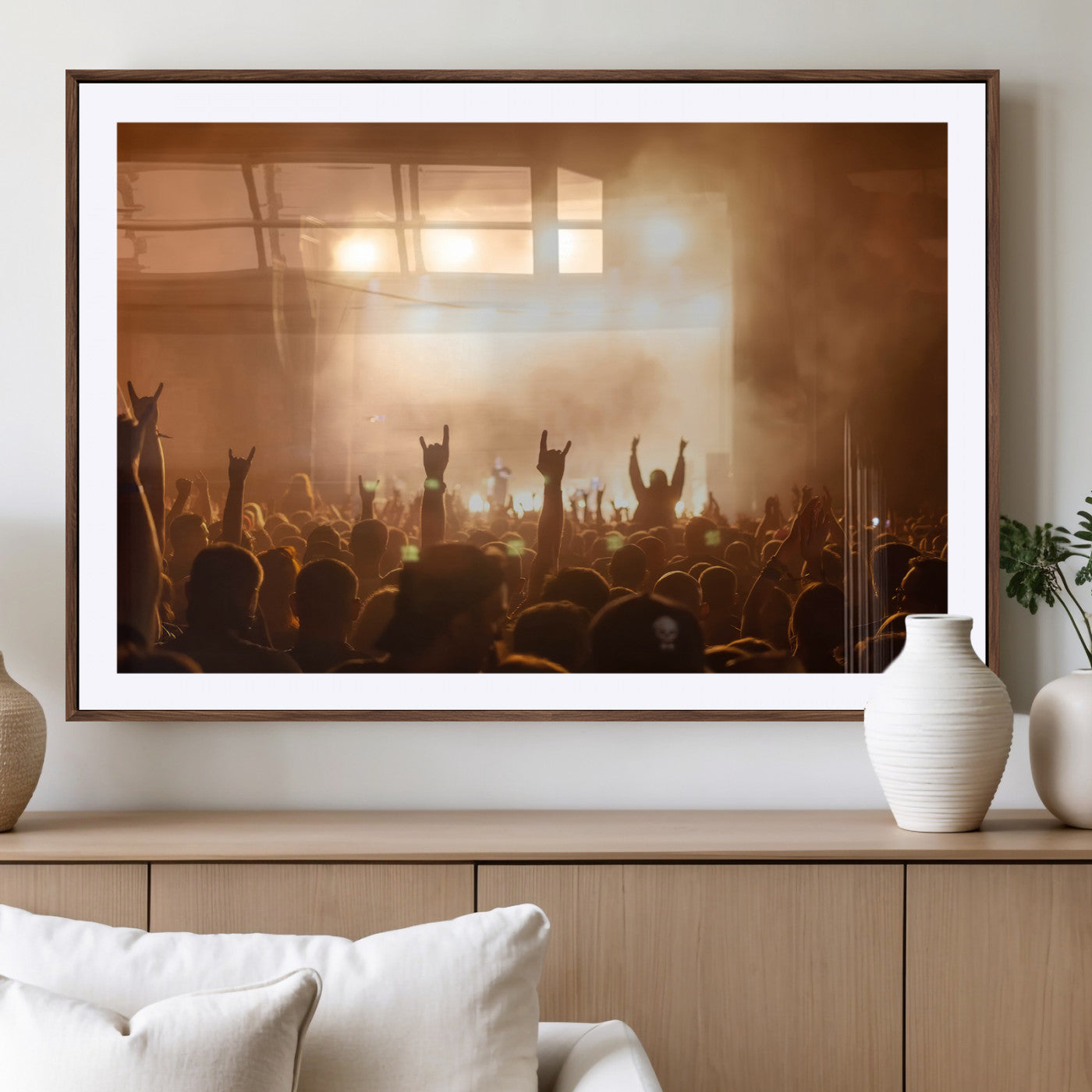 70848729-MGC-FP-36x24_Walnut-Rock Concert Wall Art Canvas Print, Framed Music Crowd Art Picture Print, Stage Lights Perfect Industrial Urban Loft Decor Artwork