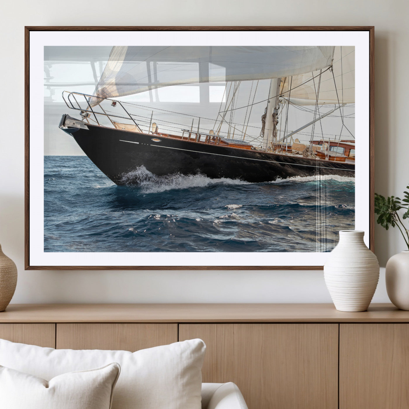 97168626-MGC-FP-36x24_Walnut-Sailing Yacht Wall Art Canvas Print, Framed Wooden Yacht Art Picture Print, Ocean Waves Perfect Nautical Coastal Decor Artwork