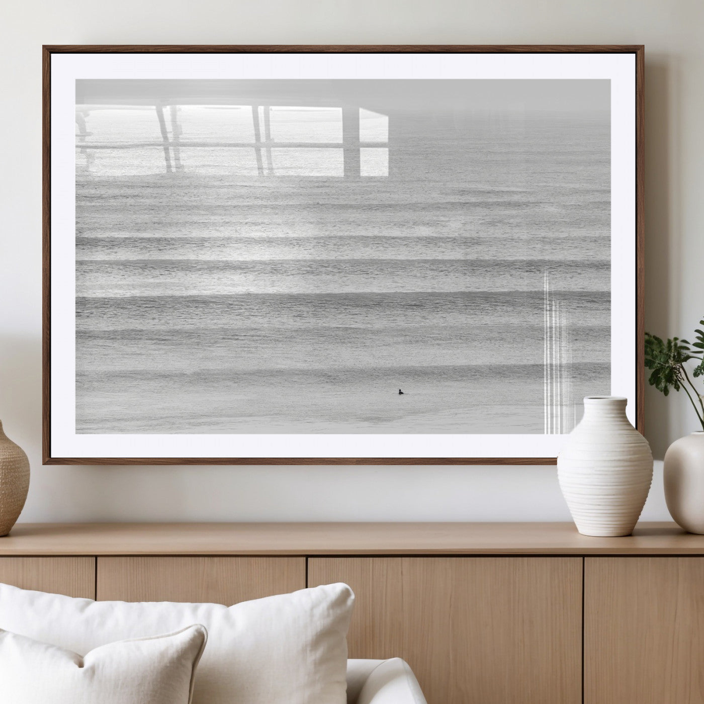 66534476-MGV-CV-36X24-Lone Surfer Wall Art Canvas Print, Framed Ocean Waves Art Picture Print, Minimal Sea Perfect Minimal Coastal Decor Artwork
