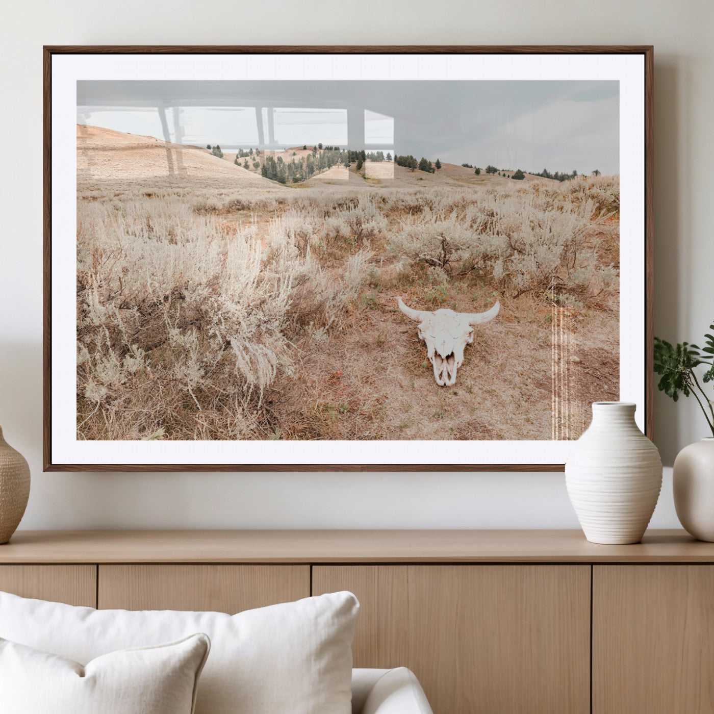 97234735-MGV-CV-36X24-Rustic Bones Wall Art Canvas Print, Framed Desert Sage Art Picture Print, Prairie Skull Perfect Minimal Rustic Decor Artwork