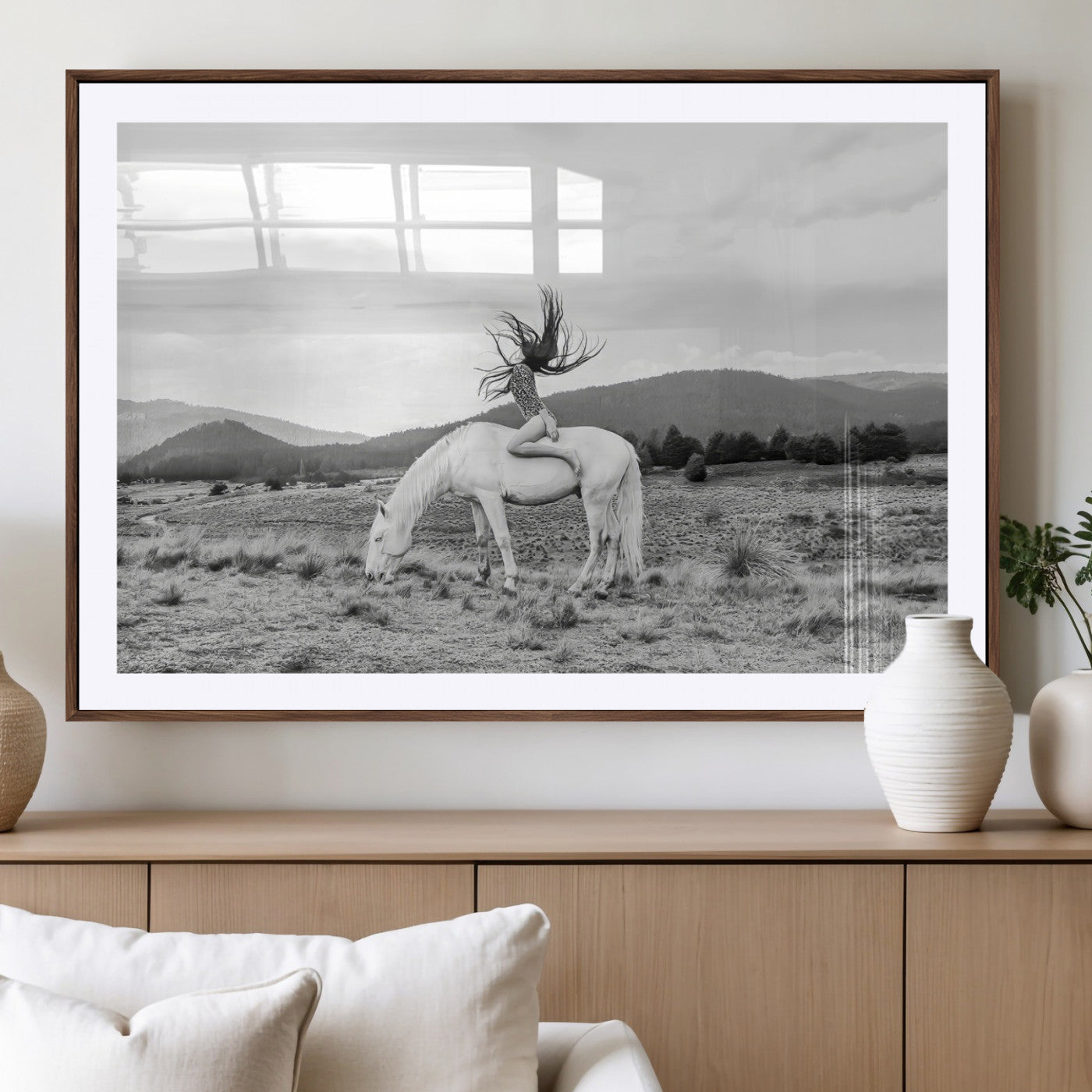 62789800-MGV-CV-36X24-White Horse Wall Art Canvas Print, Framed Woman Rider Art Picture Print, Equestrian Pose Perfect Western Boho Decor Artwork