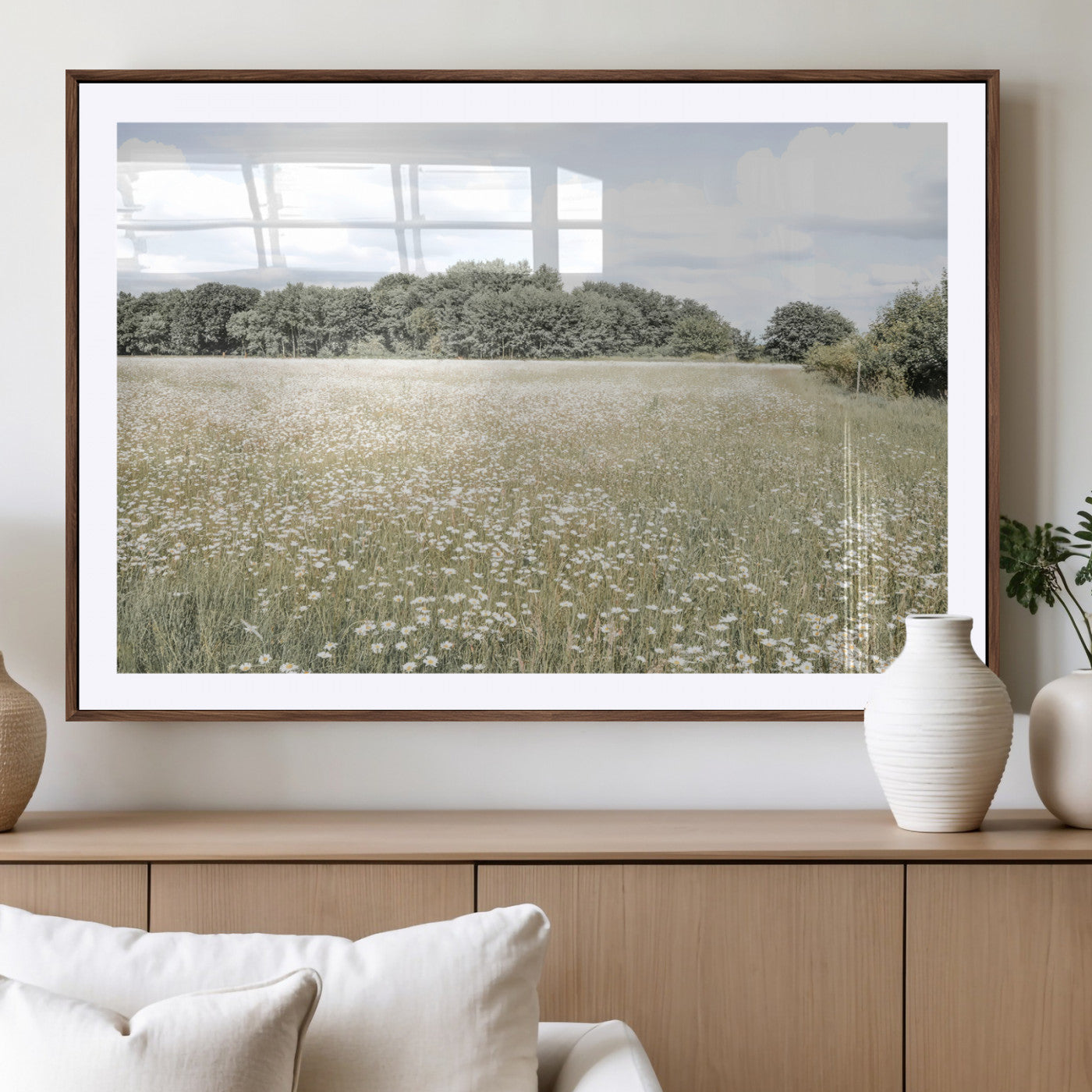 43258946-MGV-CV-36X24-Daisy Field Wall Art Canvas Print, Framed Pastel Flower Art Picture Print, Meadow Bloom Perfect Scandinavian Minimalist Decor