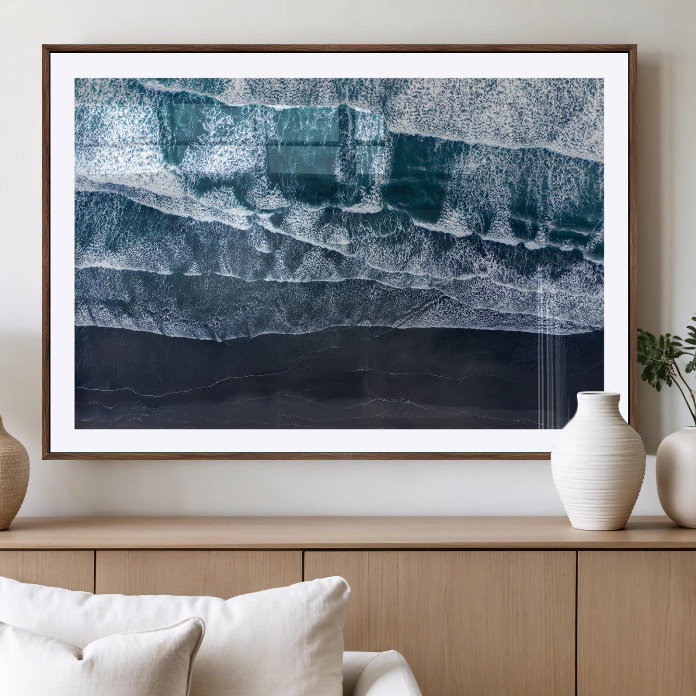 87941475-MGV-CV-36X24-Black Beach Wall Art Canvas Print, Framed Aerial Ocean Art Picture Print, Moody Coastal Perfect Modern Coastal Decor Artwork