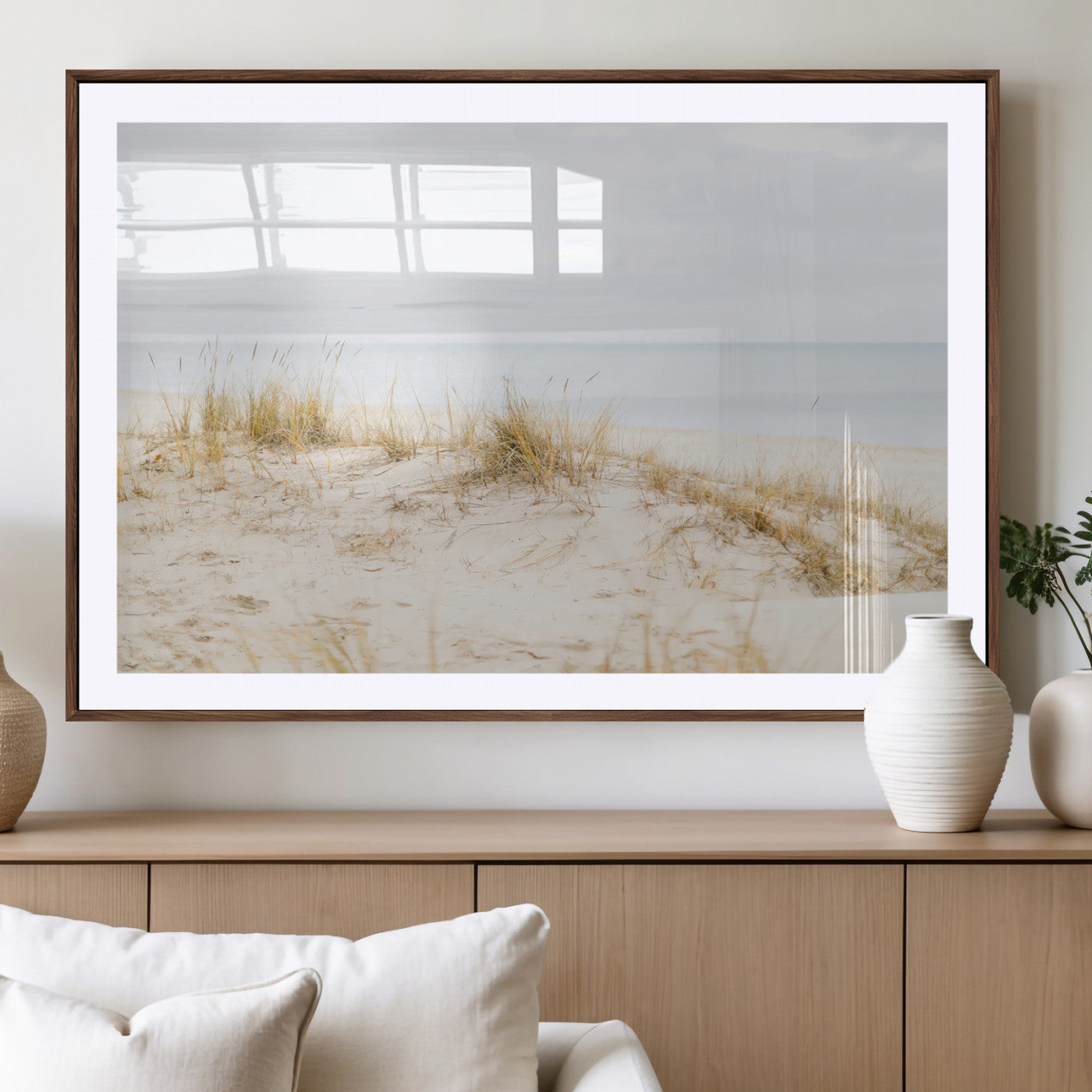 13146857-MGV-CV-36X24-Beach Dunes Wall Art Canvas Print, Framed Soft Horizon Art Picture Print, Coastal Grass Perfect Minimalist Coastal Decor Artwork