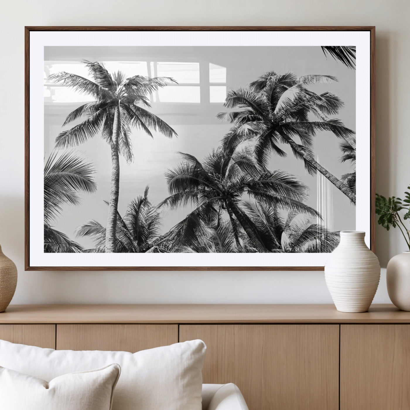 46641801-MGV-CV-36X24-Palm Tree Wall Art Canvas Print, Framed Black White Tropics Art Picture Print, Monochrome Palms Perfect Modern Tropical Minimalist