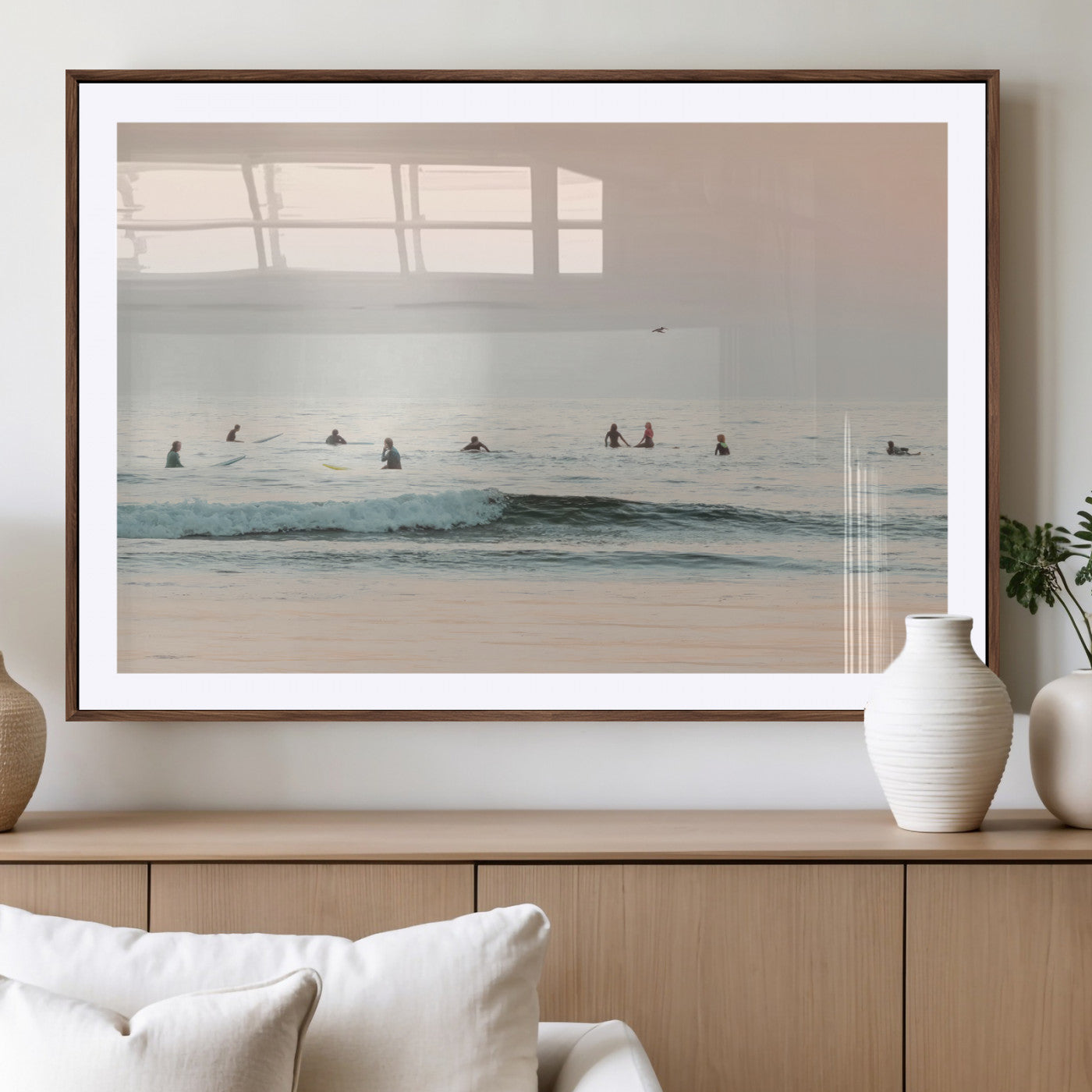 98888919-MGV-CV-36X24-Pastel Ocean Wall Art Canvas Print, Framed Soft Sunset Swimming Art Picture Print, Calm Sea Horizon Perfect Soft Coastal