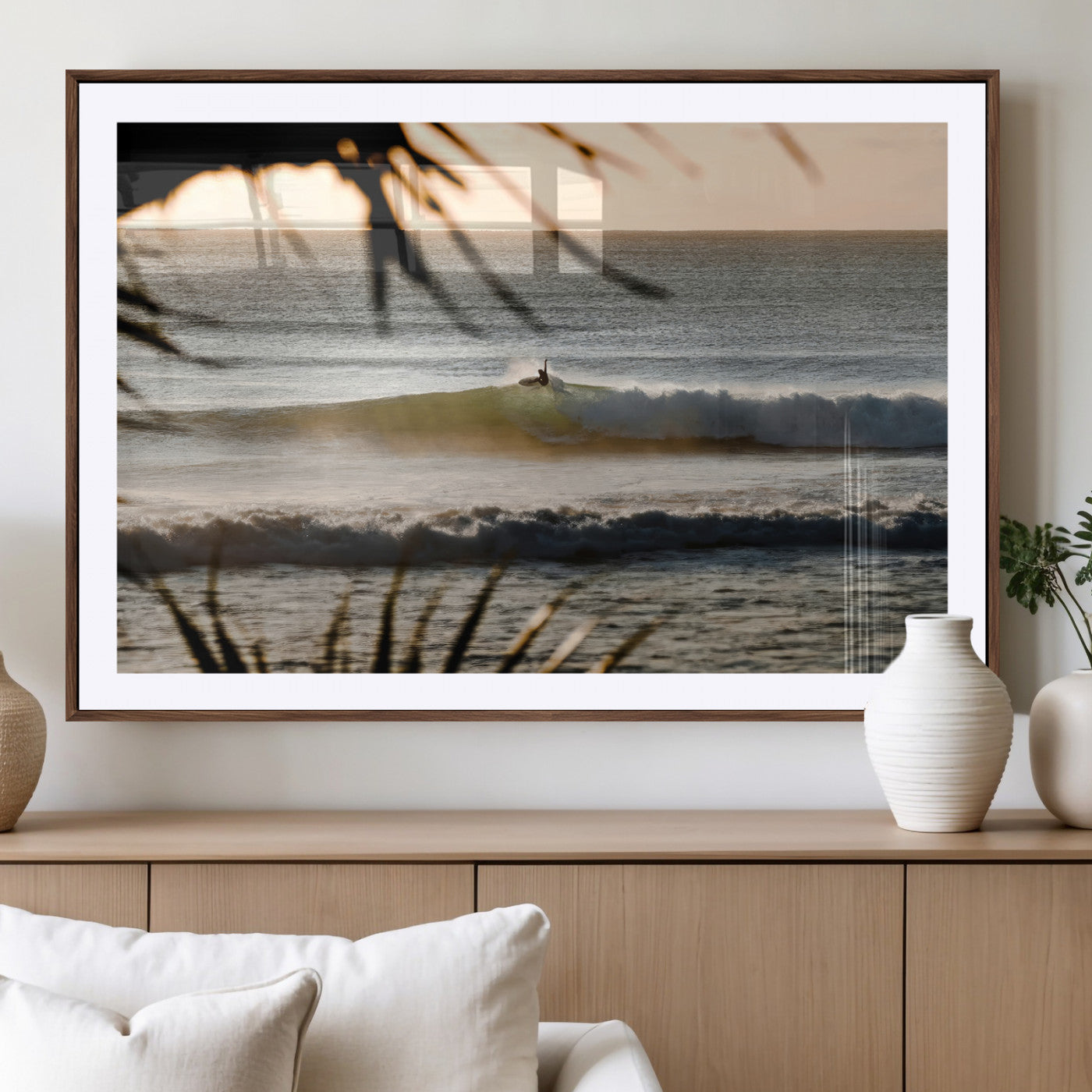 24896468-MGV-CV-36X24-Sunset Surf Wall Art Canvas Print, Framed Golden Waves Art Picture Print, Tropical Ocean Perfect Tropical Boho Decor Artwork
