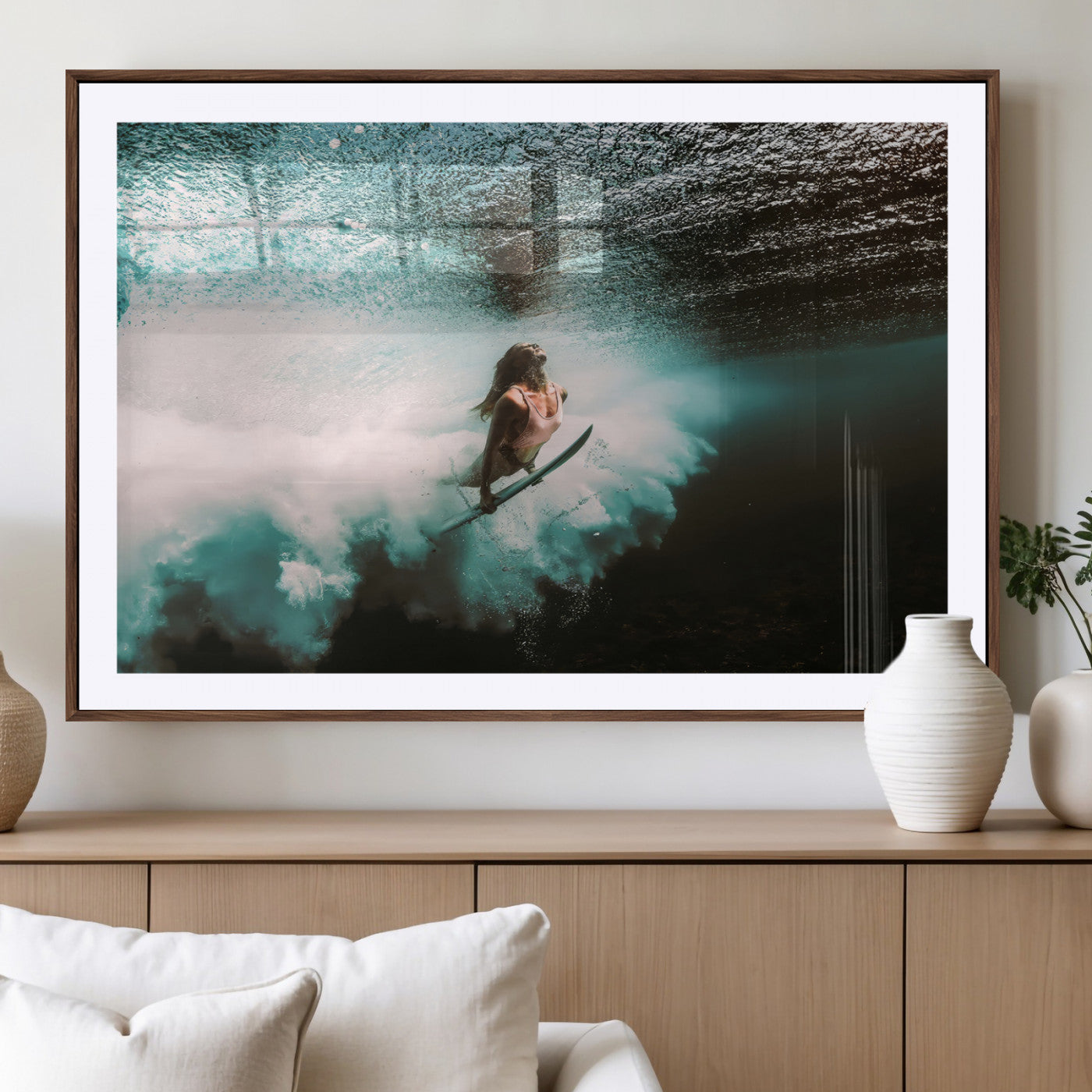 85923512-MGV-CV-36X24-Aquatic Motion Wall Art Canvas Print, Framed Underwater Swimming Art Picture Print, Female Surfer Diving Perfect Coastal Boho