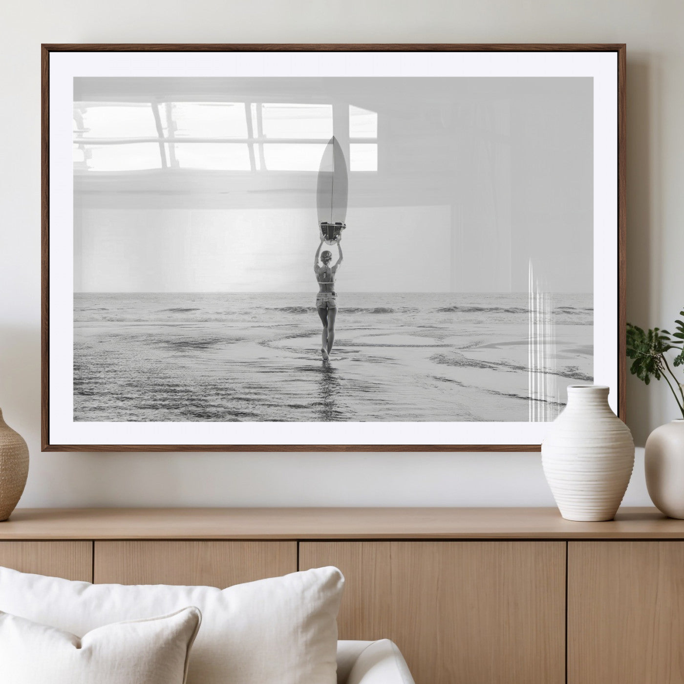 98446901-MGV-CV-36X24-Monochrome Surf Wall Art Canvas Print, Framed Minimalist Surfer Art Picture Print, Surfboard Silhouette Perfect Coastal Minimalist