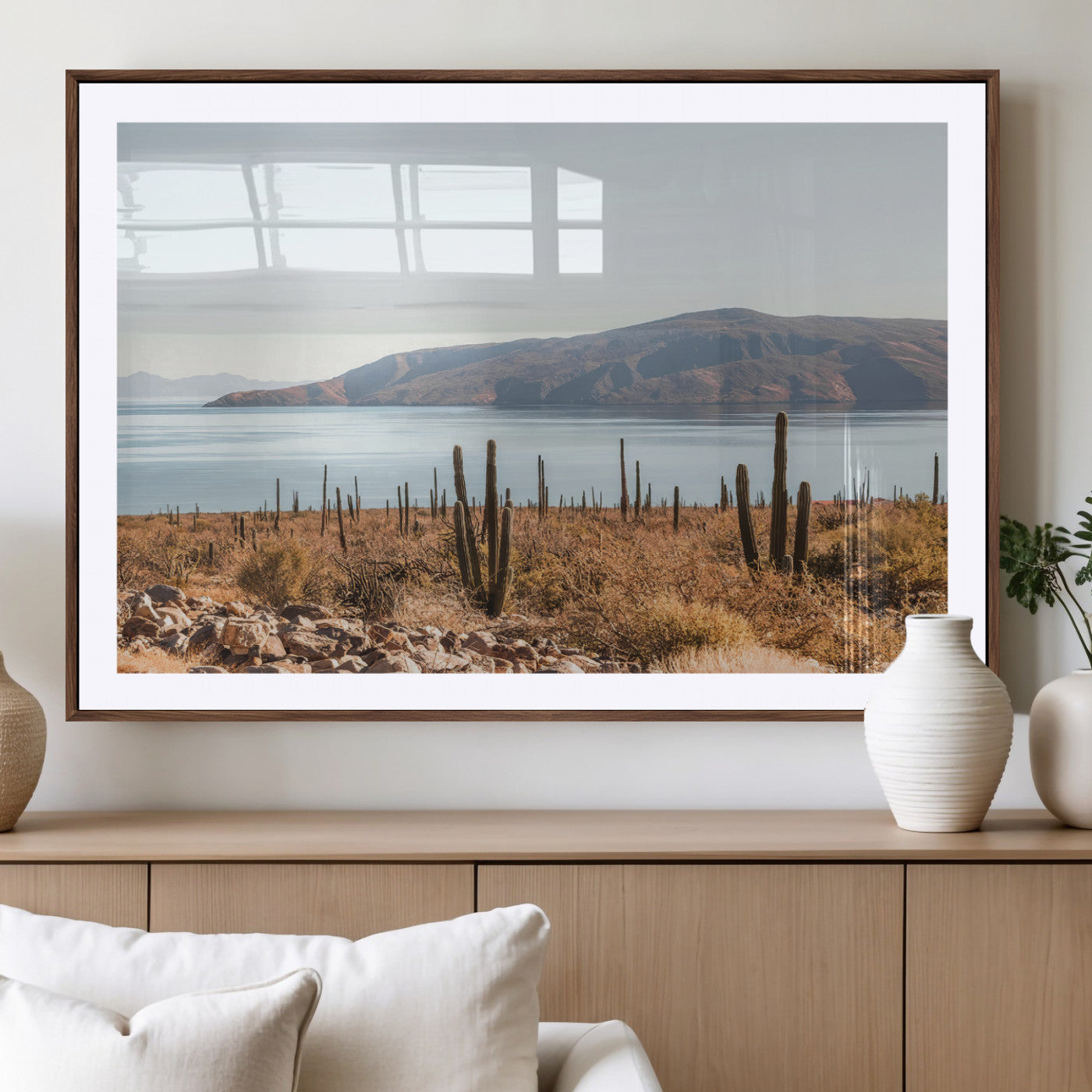 45193515-MGV-CV-36X24-Desert Cactus Wall Art Canvas Print, Framed Baja Coastline Art Picture Print, Coastal Desert Perfect Southwestern Minimalist Decor
