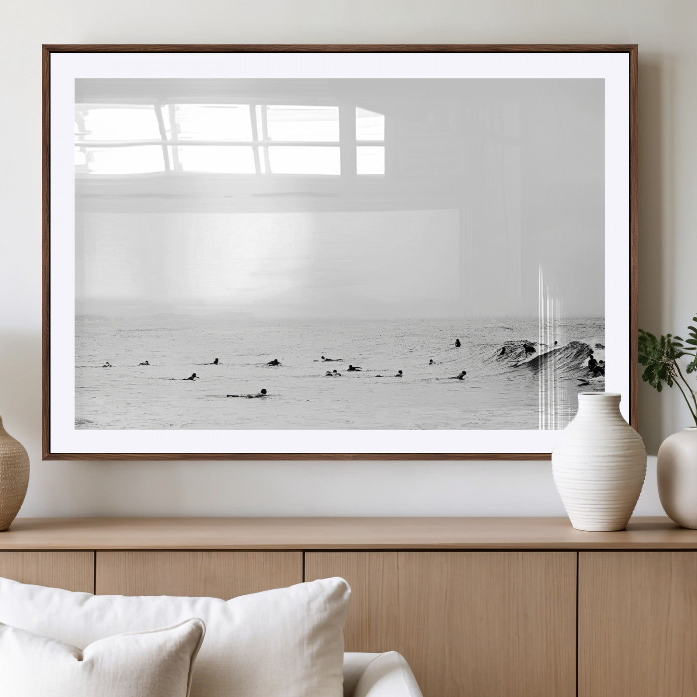 38441169-MGV-CV-36X24-Monochrome Swimming Wall Art Canvas Print, Framed Ocean Horizon Art Picture Print, Moody Coastal Perfect Minimalist Coastal Decor