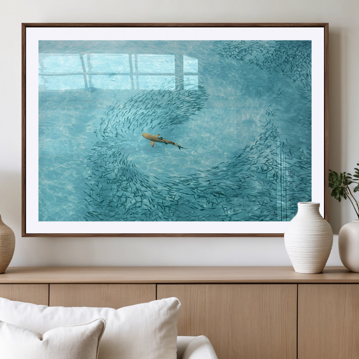 43671474-MGV-CV-36X24-Fish Swarm Wall Art Canvas Print, Framed Marine Life Art Picture Print, Shark Aerial Perfect Wildlife Coastal Decor Artwork