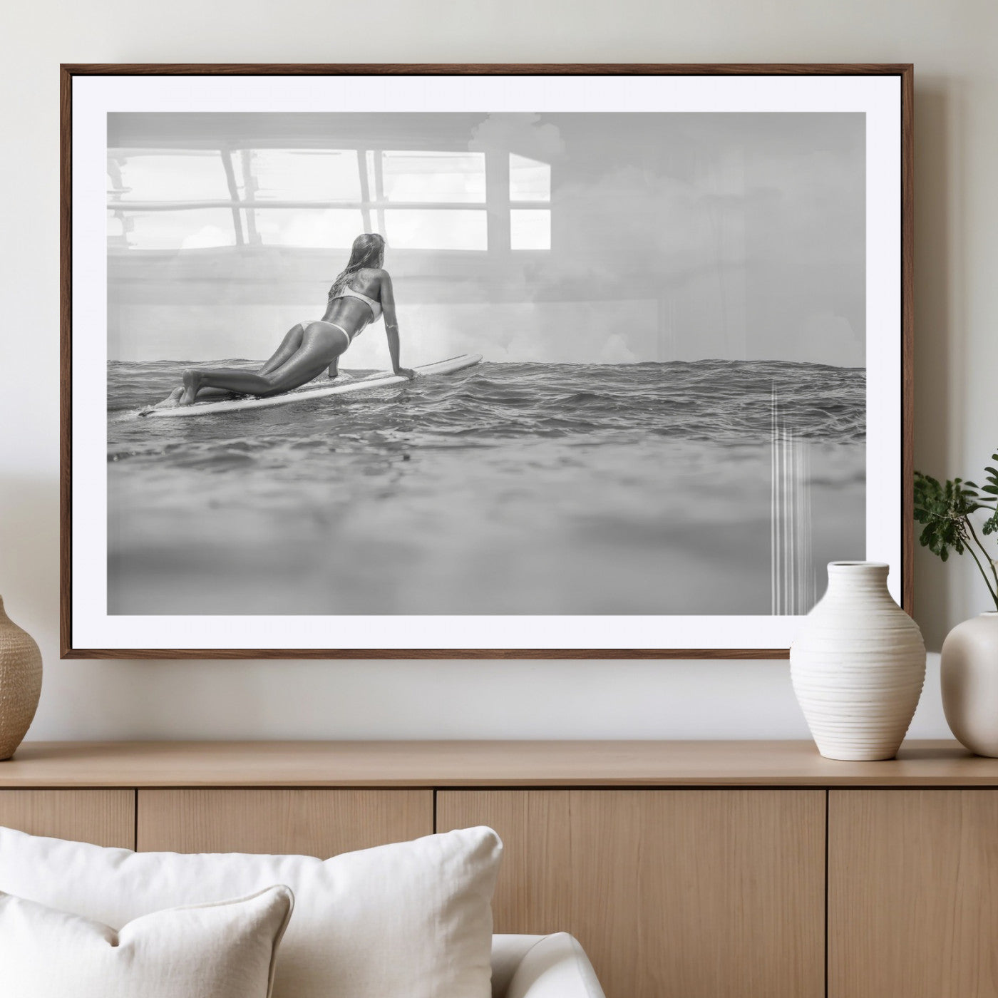 69798068-MGV-CV-36X24-Black White Surfing Wall Art Canvas Print, Framed Ocean Horizon Art Picture Print, Surfer Girl Perfect Coastal Adventure Decor