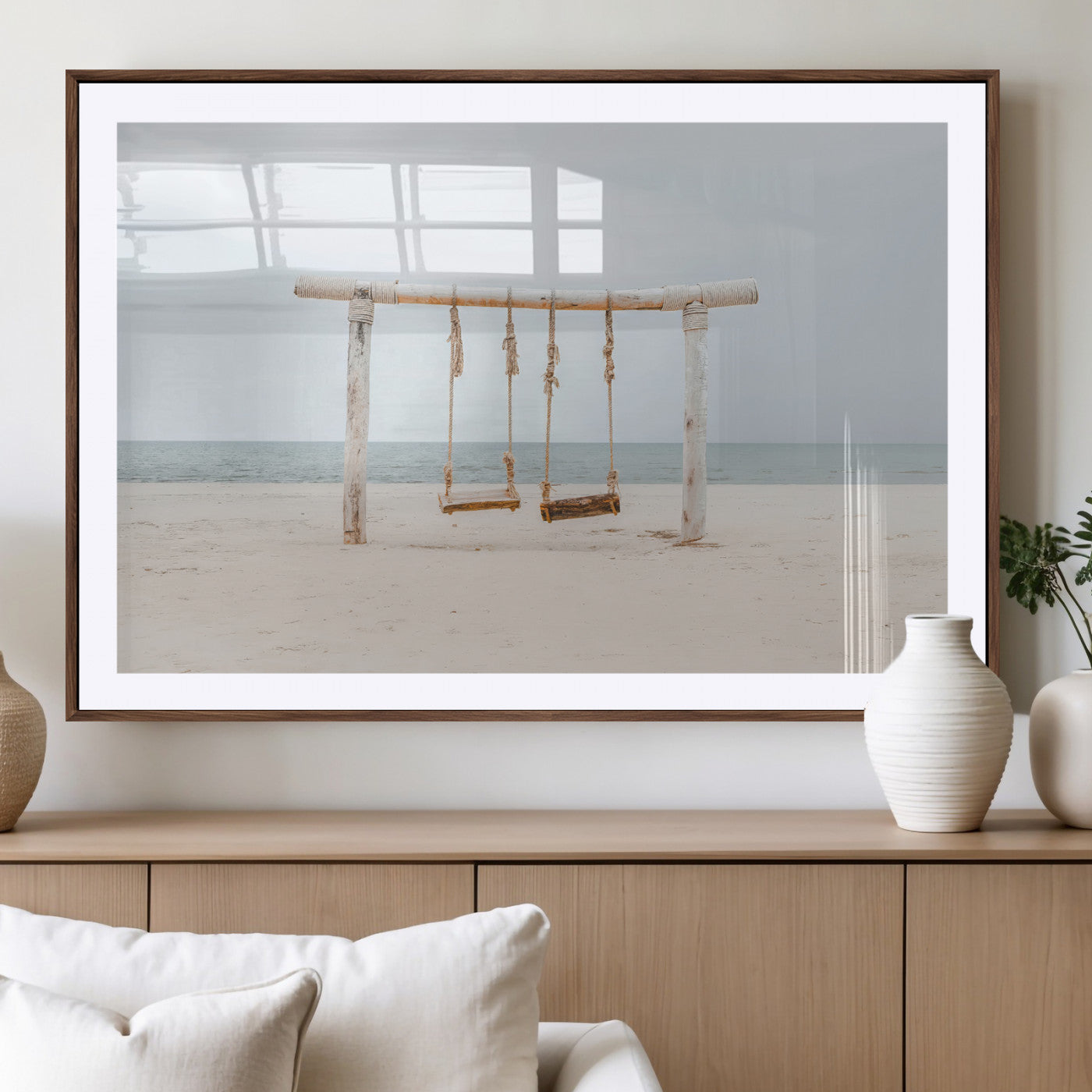 68327283-MGV-CV-36X24-Beach Swing Wall Art Canvas Print, Framed Quiet Beach Art Picture Print, Calm Shoreline Perfect Bohemian Coastal Decor Artwork