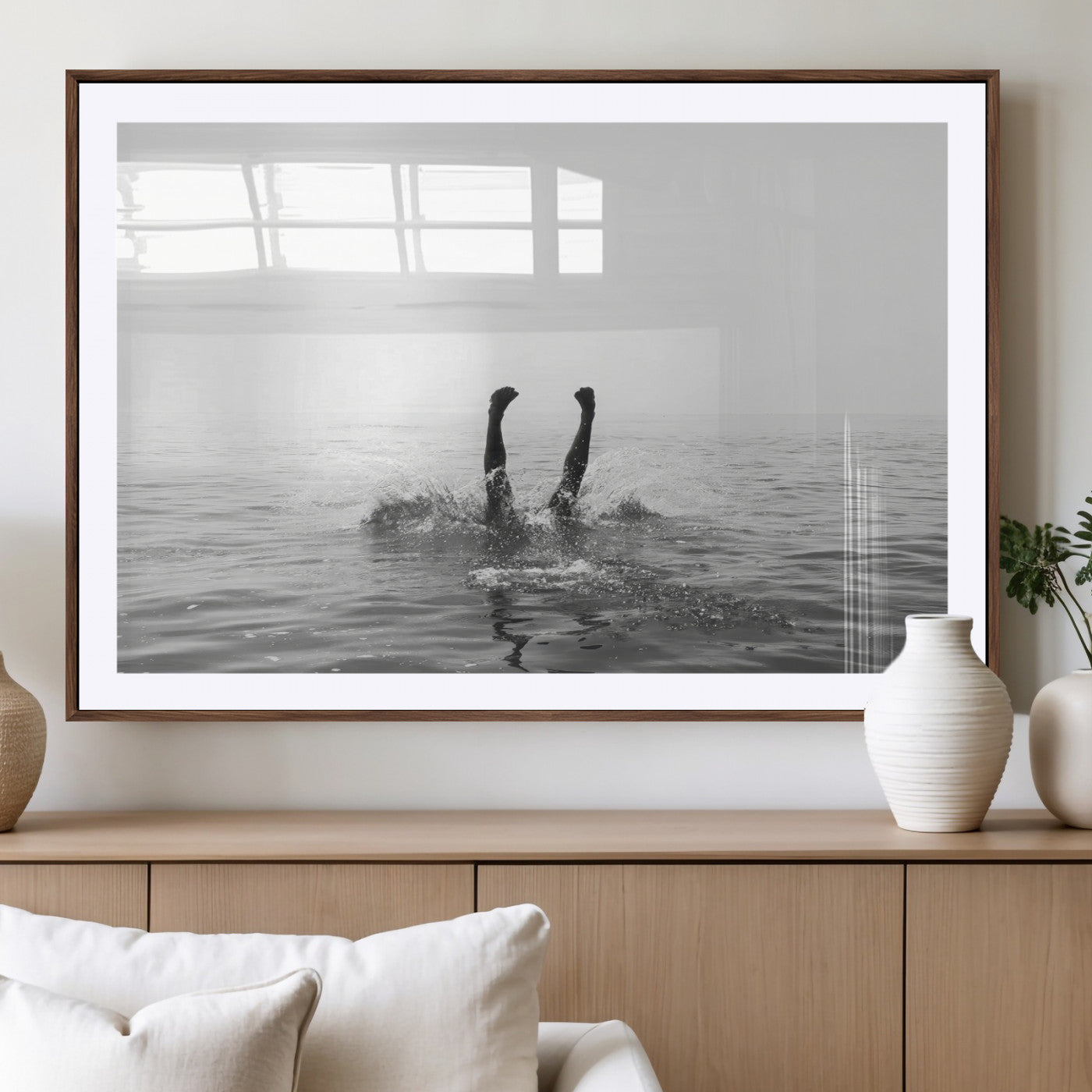 26667396-MGV-CV-36X24-Black White Ocean Wall Art Canvas Print, Framed Monochrome Water Art Picture Print, Diving into Water Perfect Minimalist Aquatic