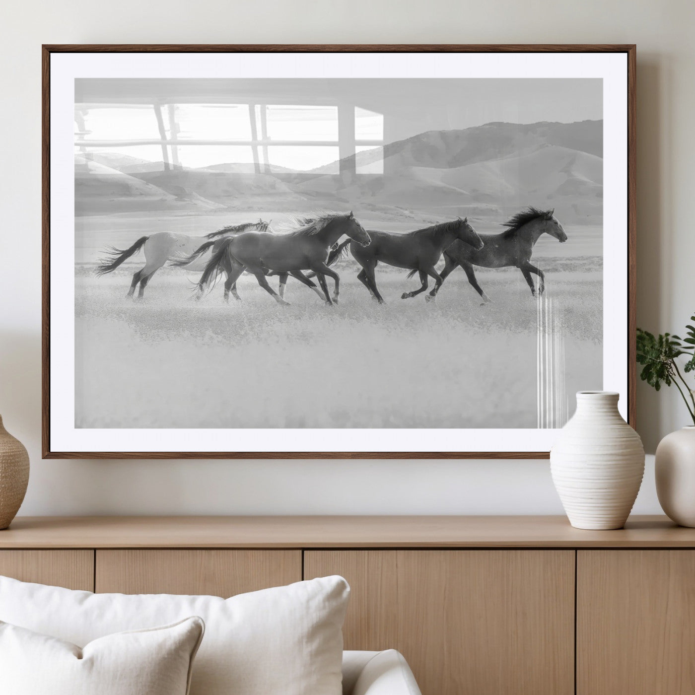 69934913-MGV-CV-36X24-Wild Horses Running Wall Art Canvas Print, Framed Black White Mustangs Art Picture Print, Rustic Western Perfect Rustic Western