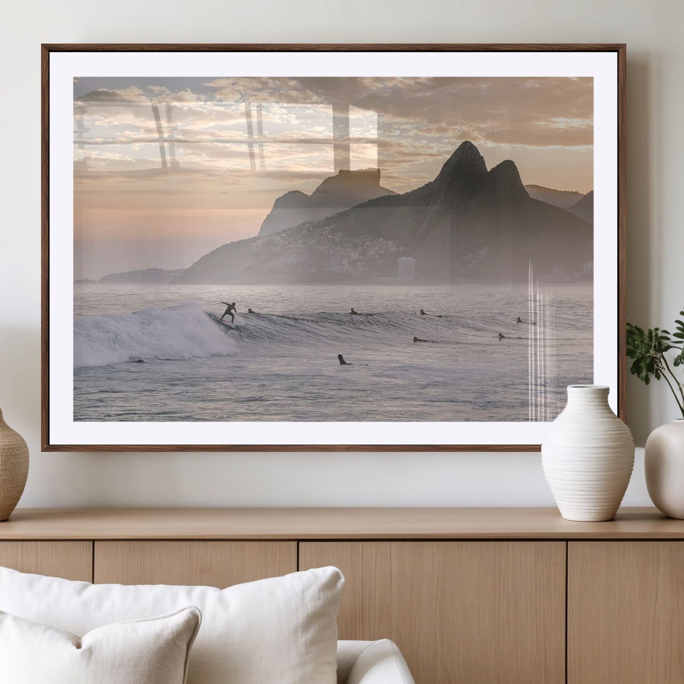 70644906-MGV-CV-36X24-Sunset Surfing Wall Art Canvas Print, Framed Misty Mountains Art Picture Print, Surfer Riding Wave Perfect Coastal Adventure Decor