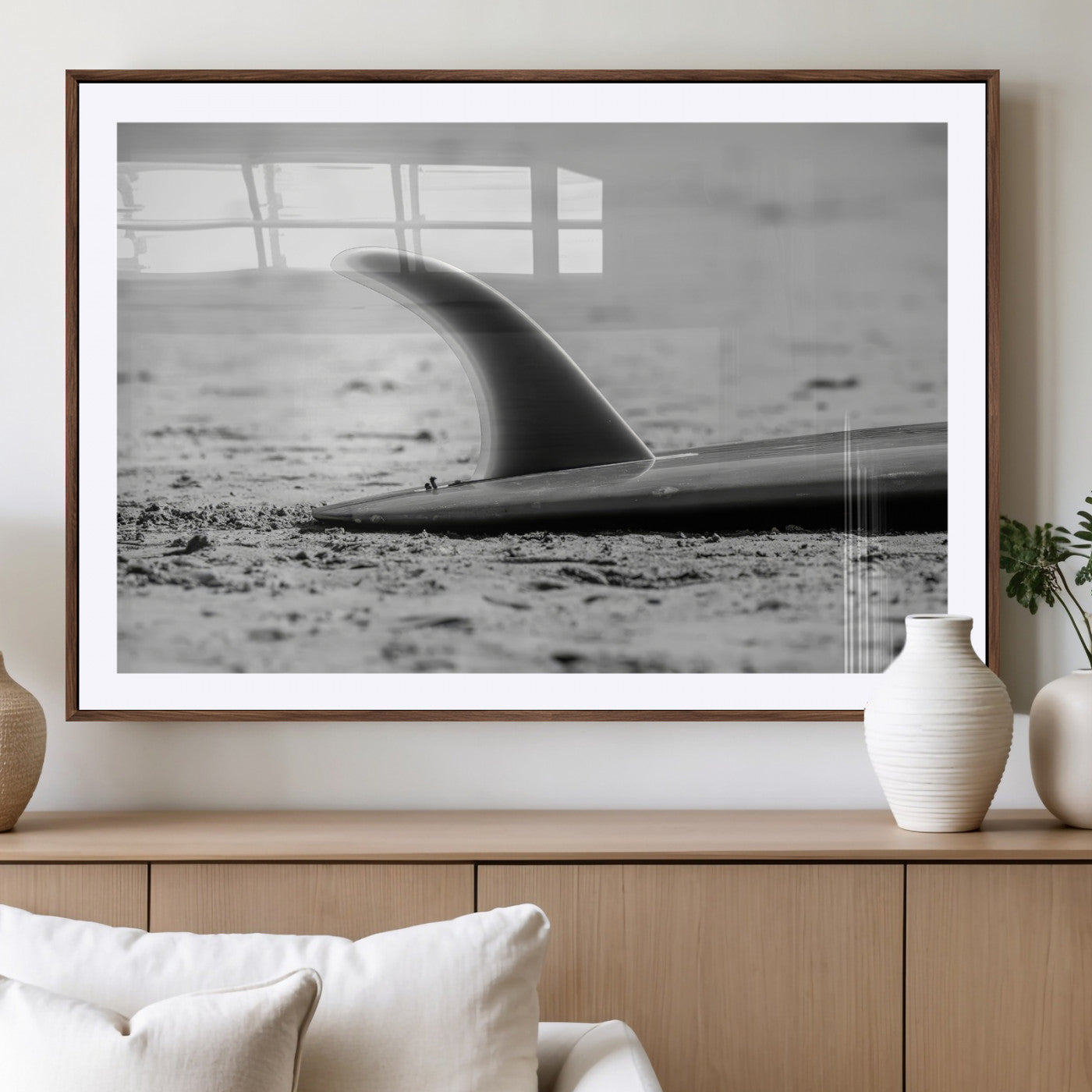 62314230-MGV-CV-36X24-Black White Surfboard Wall Art Canvas Print, Framed Minimalist Beach Art Picture Print, Surf Fin Perfect Minimalist Coastal Decor