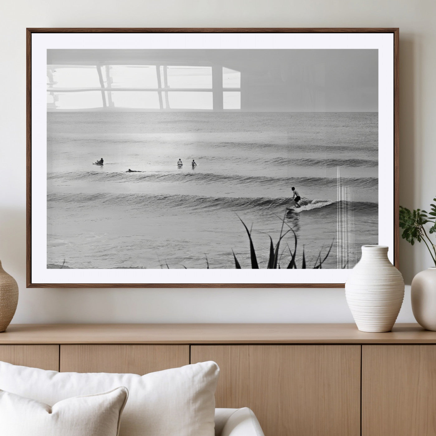 33821421-MGV-CV-36X24-Surfer Silhouette Wall Art Canvas Print, Framed Calm Ocean Art Picture Print, Monochrome Surf Perfect Minimalist Coastal Decor
