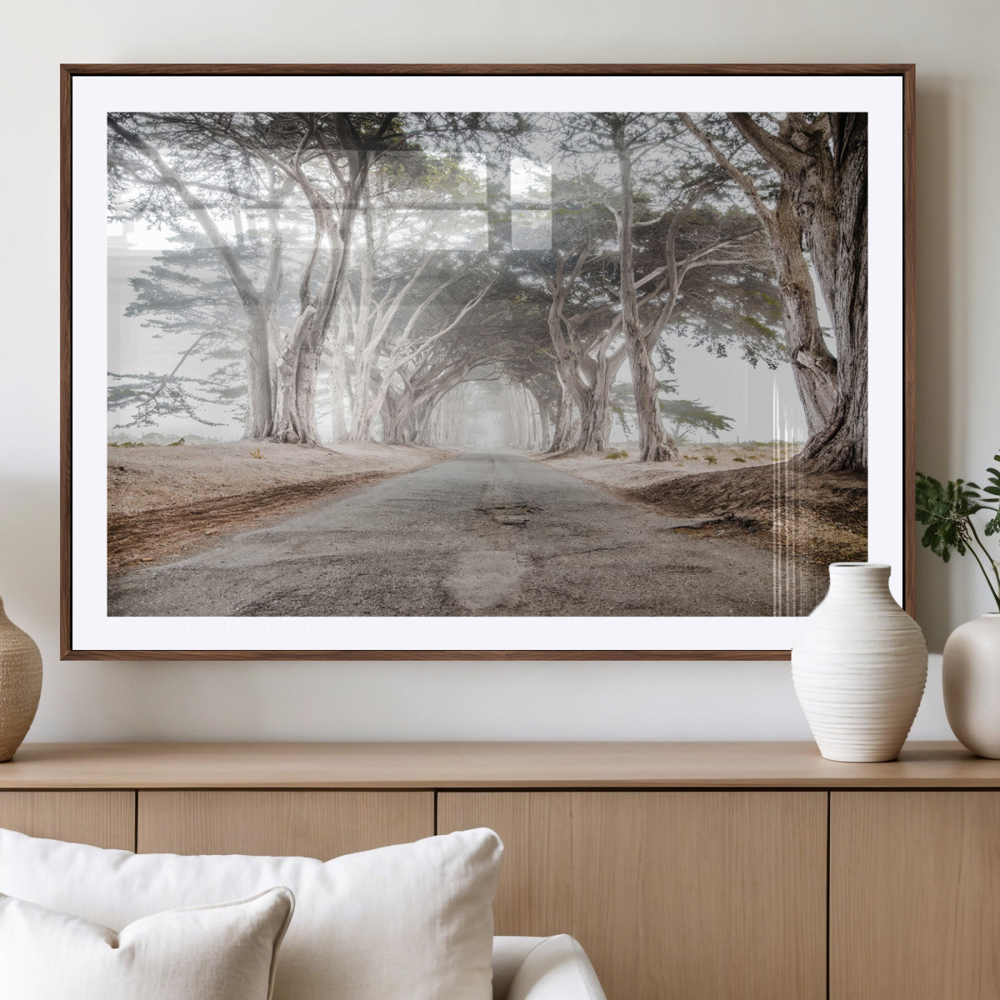 87090469-MGV-CV-36X24-Cypress Tunnel Wall Art Canvas Print, Framed Misty Road Art Picture Print, Foggy Trees Perfect Rustic Woodland Decor Artwork