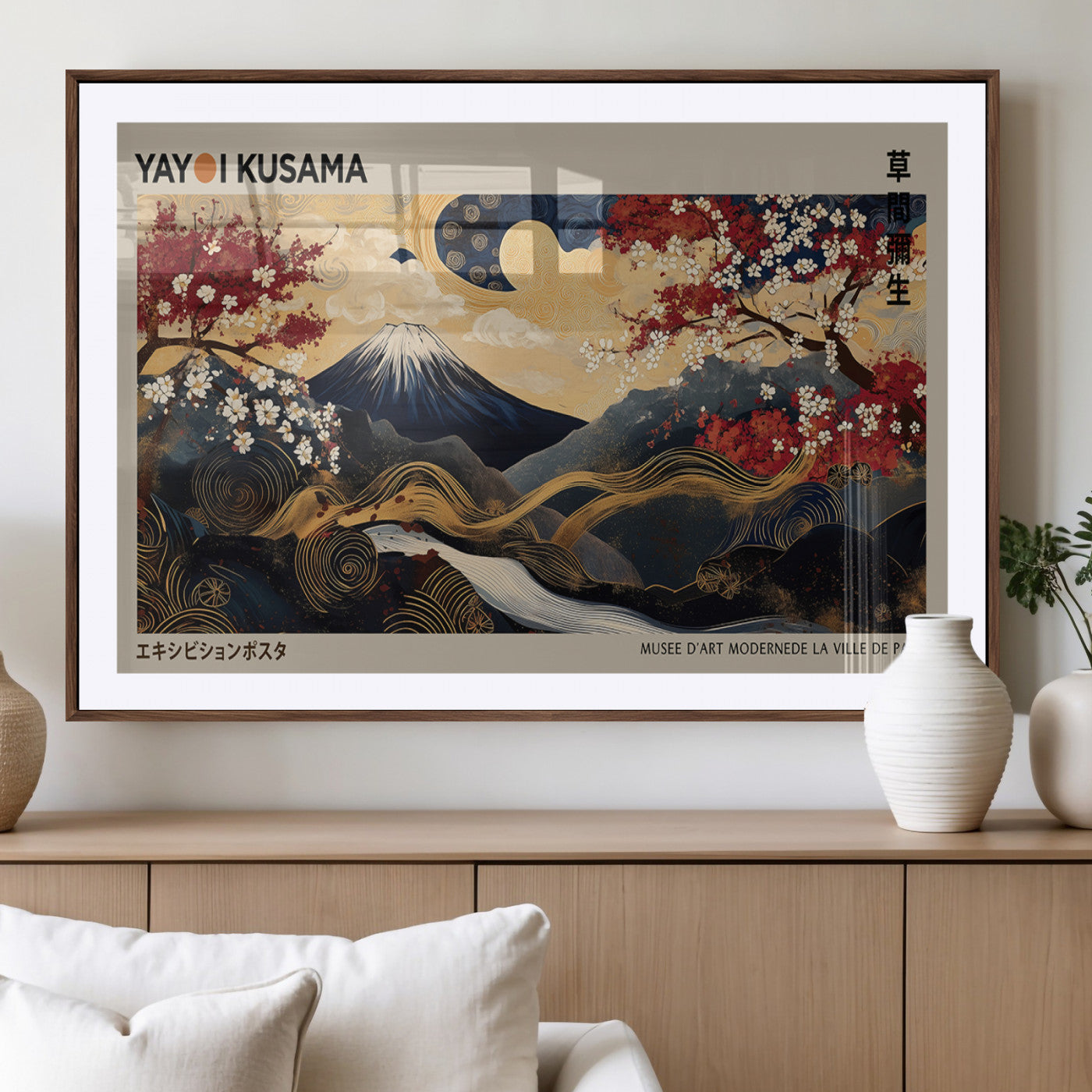 54967195-MGV-CV-36X24-Mount Fuji Wall Art – Japanese Cherry Blossom Abstract Canvas Print, Navy Gold Landscape Painting, Oriental Luxury Home Decor