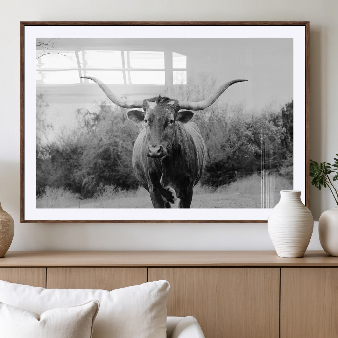97280319-MGV-CV-36X24-Longhorn Photography Wall Art Canvas Print, Framed Western Cow Decor Art Picture Print, Texas Ranch Style Perfect Rustic Farmhouse