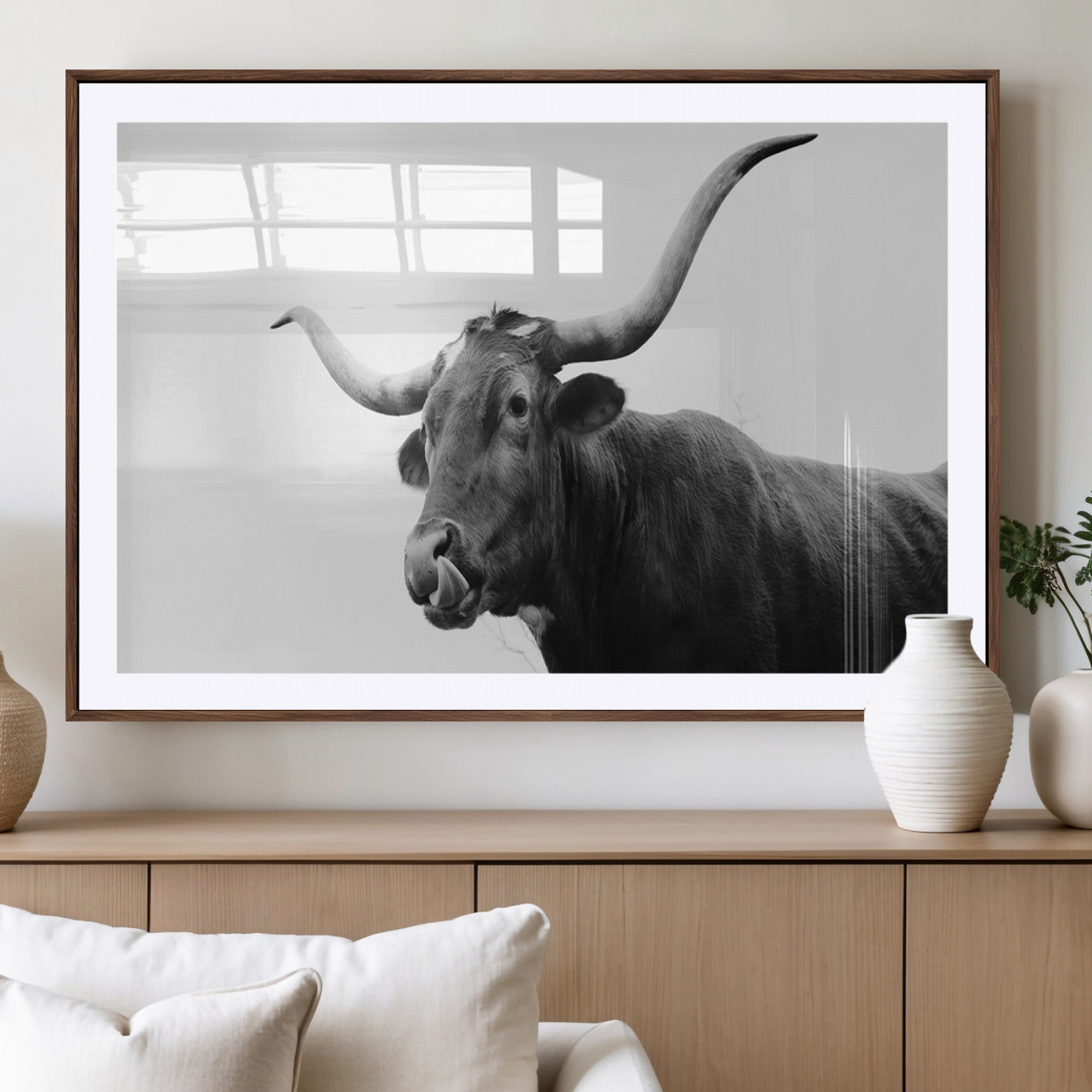 99244177-MGV-CV-36X24-Longhorn Photography Wall Art Canvas Print, Framed Western Cow Decor Art Picture Print, Black White Bull Perfect Modern Rustic