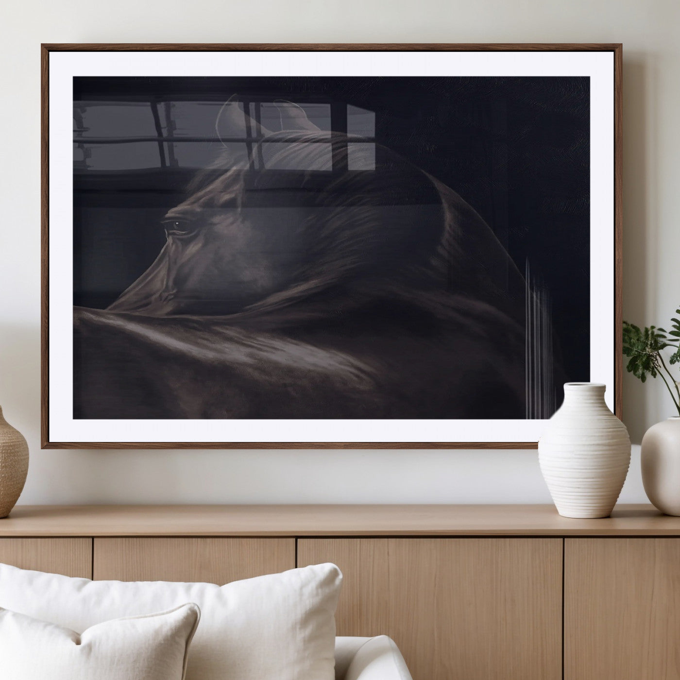 67026880-MGC-FP-36x24_Walnut-Black Horse Portrait Wall Art Canvas Print, Framed Moody Horse Decor Art Picture Print, Equestrian Wall Style Perfect Masculine